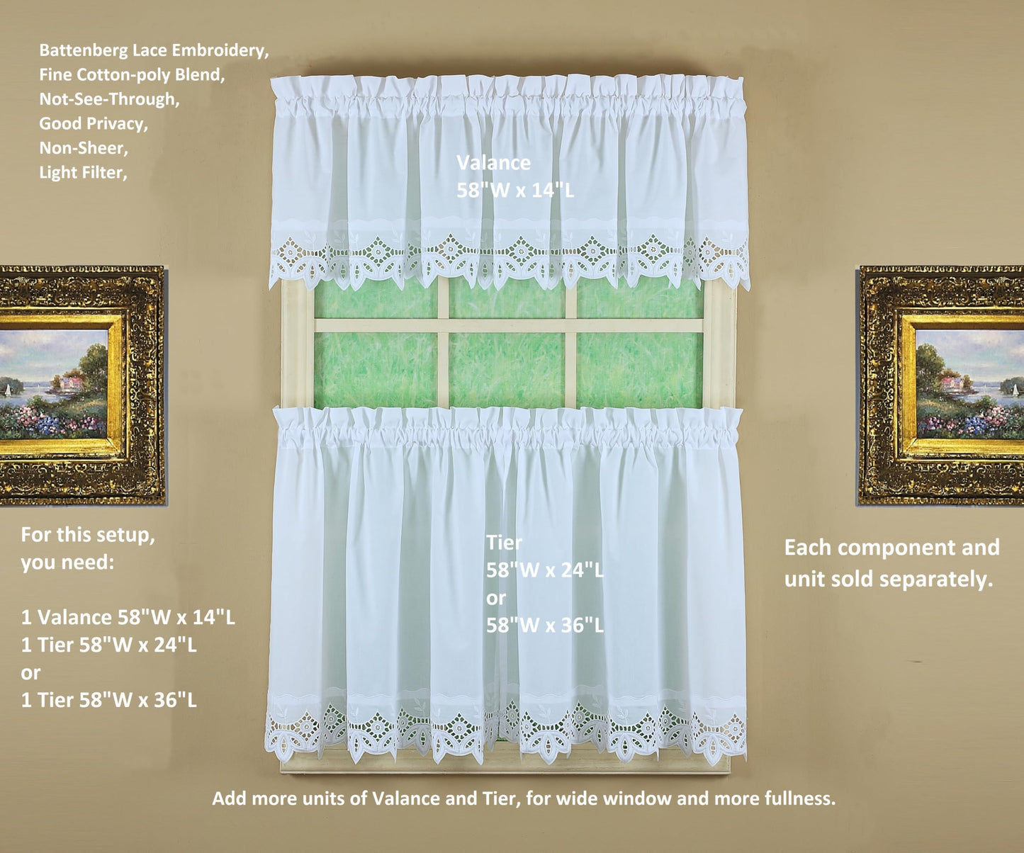 Today's Curtain, Heirloom Battenberg Eyelet Valance 14", White, 58" W x 14" L