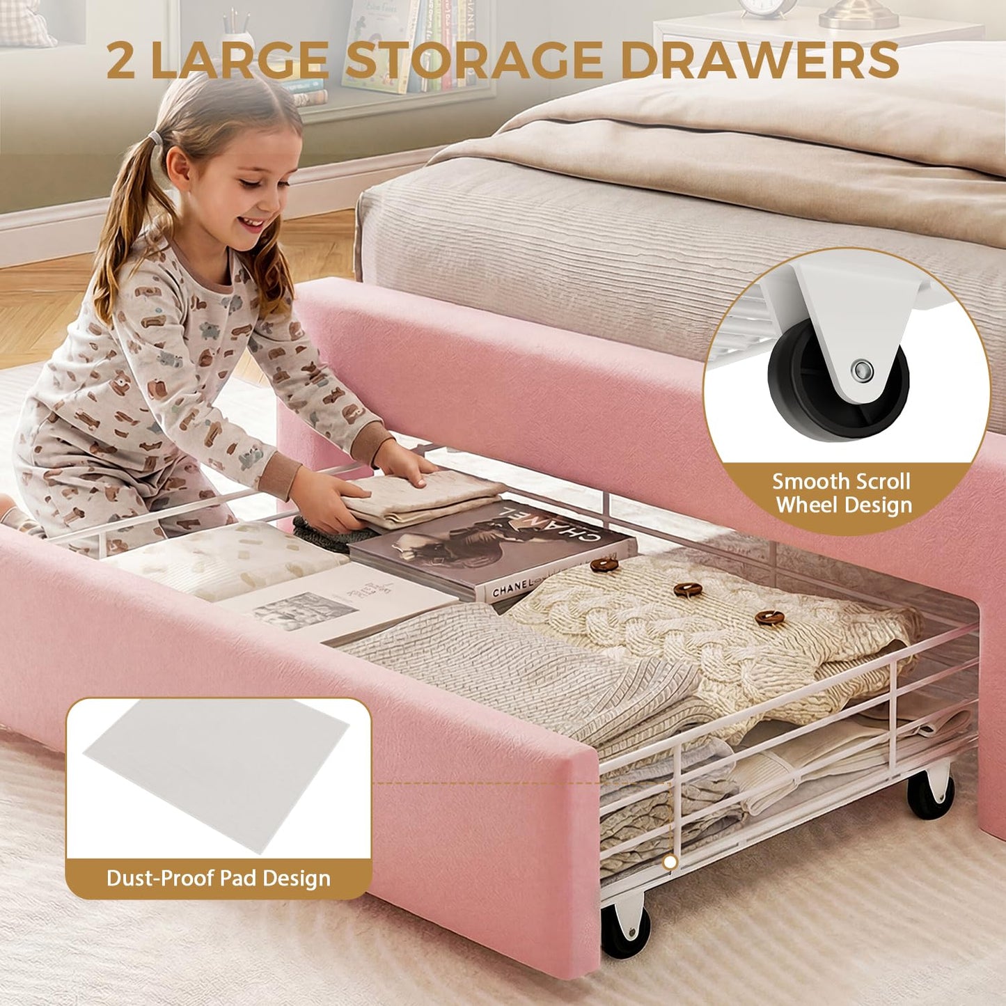 Pink Twin Size LED Bed Frame with Storage Headboard, Upholstered Velvet Princess Bed for Girls with 5 Charging Ports (USB-C & AC), Hidden Privacy Compartment, Sturdy Aluminum Frame & 1 Silent Drawers