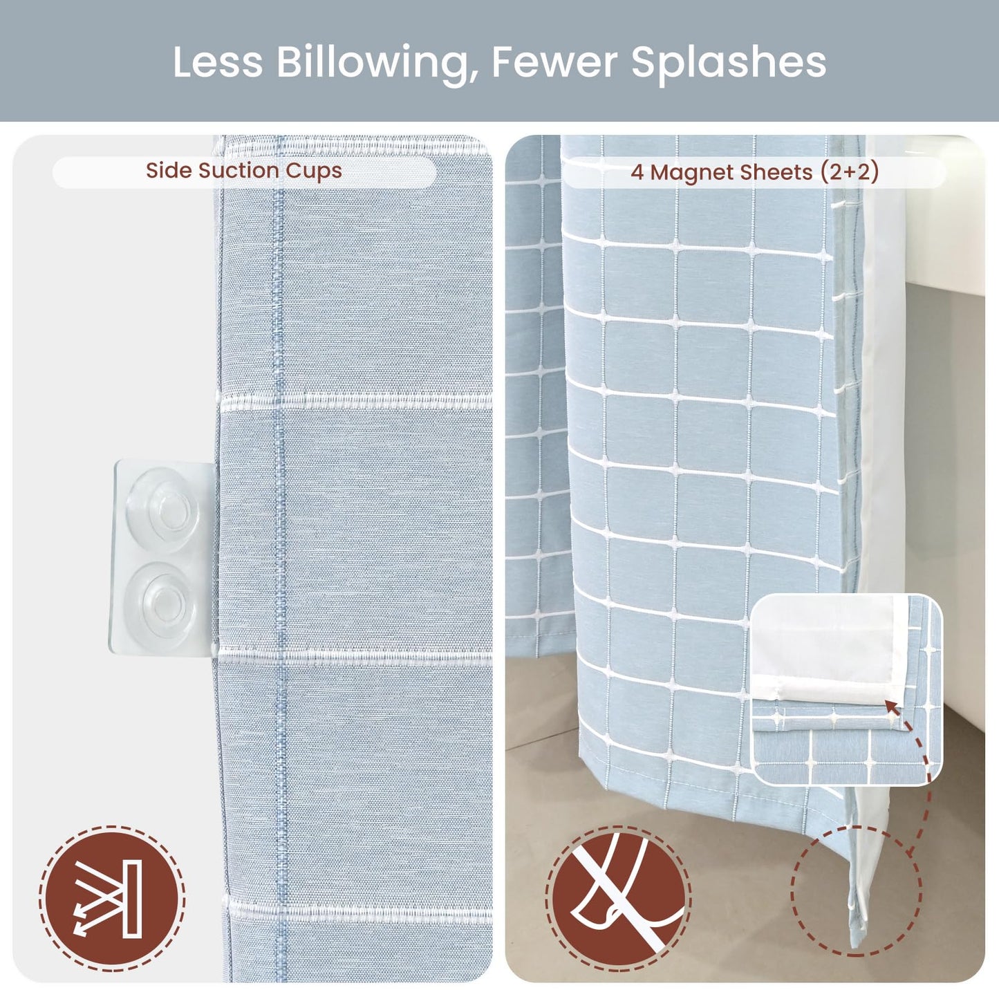 DRIFTED ROOT No Hook Shower Curtain Set with Snap-in Detachable Liner and Mesh Top Window, Grid Jacquard Fabric, Water-Repellent, 4 Hem Magnets, Side Suction Cups, Blue, 72 x 80 Inch