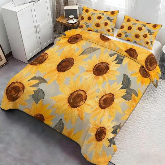 PAISUOQ Sunflowers Duvet Cover Queen Size, Rustic Florals Bedding Sets, 3 Piece, Soft Microfiber Patterned Comforter Cover with Zipper Ties & 2 Pillowcase, Countryside Bedroom Decor & Gifts