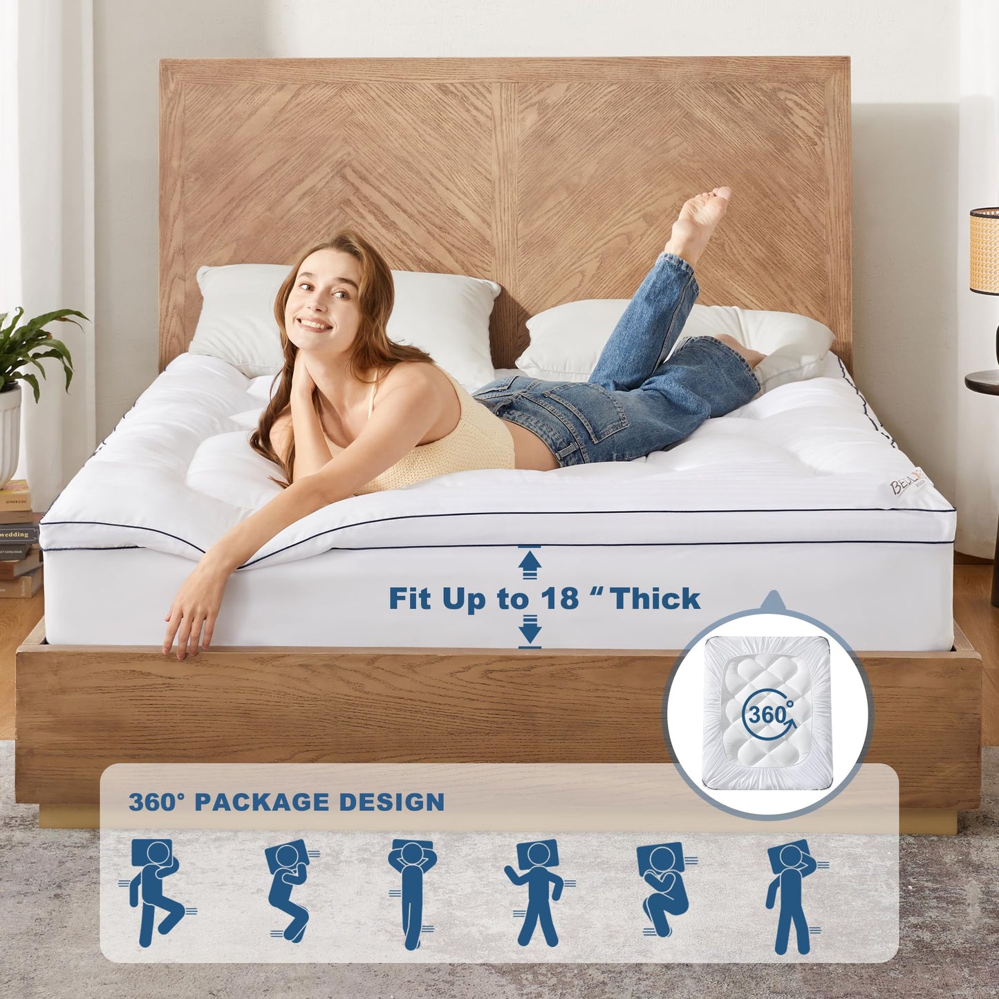 BEDLORE Queen Mattress Topper, Thick Pillow Top Bed Cover for Back Pain Relief, Soft Mattress Pad with Deep Pockets 6-18 inch