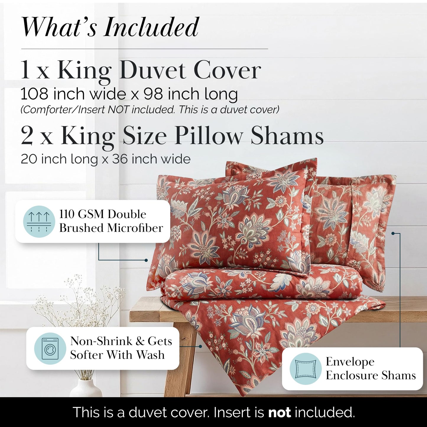 Southshore Fine Living, Inc. Oversized California King Duvet Cover - Red Floral Cal King Duvet Cover Set - Ultra Soft Microfiber, Fade Resistant - Zipper Closure, 2 Pillow Shams - Jacobean Willow Red