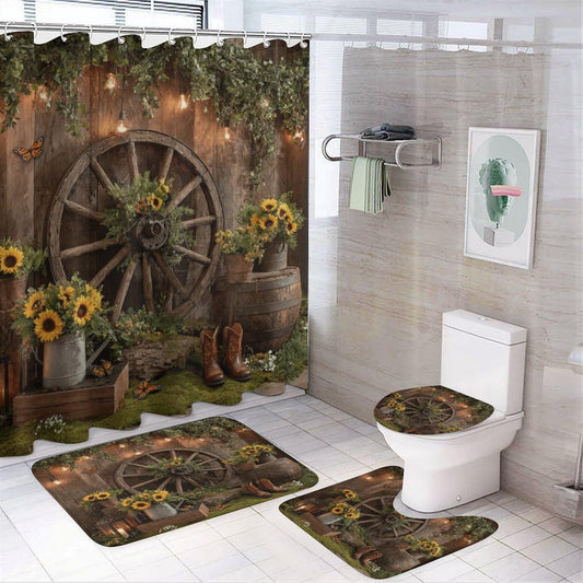 INSFBRB Rustic Realistic Farmhouse Shower Curtain Sets with Rug,Toilet Lid Cover and Bath Mat,Colorful Vintage Barn Wooden Wheel Flower Sunflower Cowboy Boots 4 Piece Bathroom Set