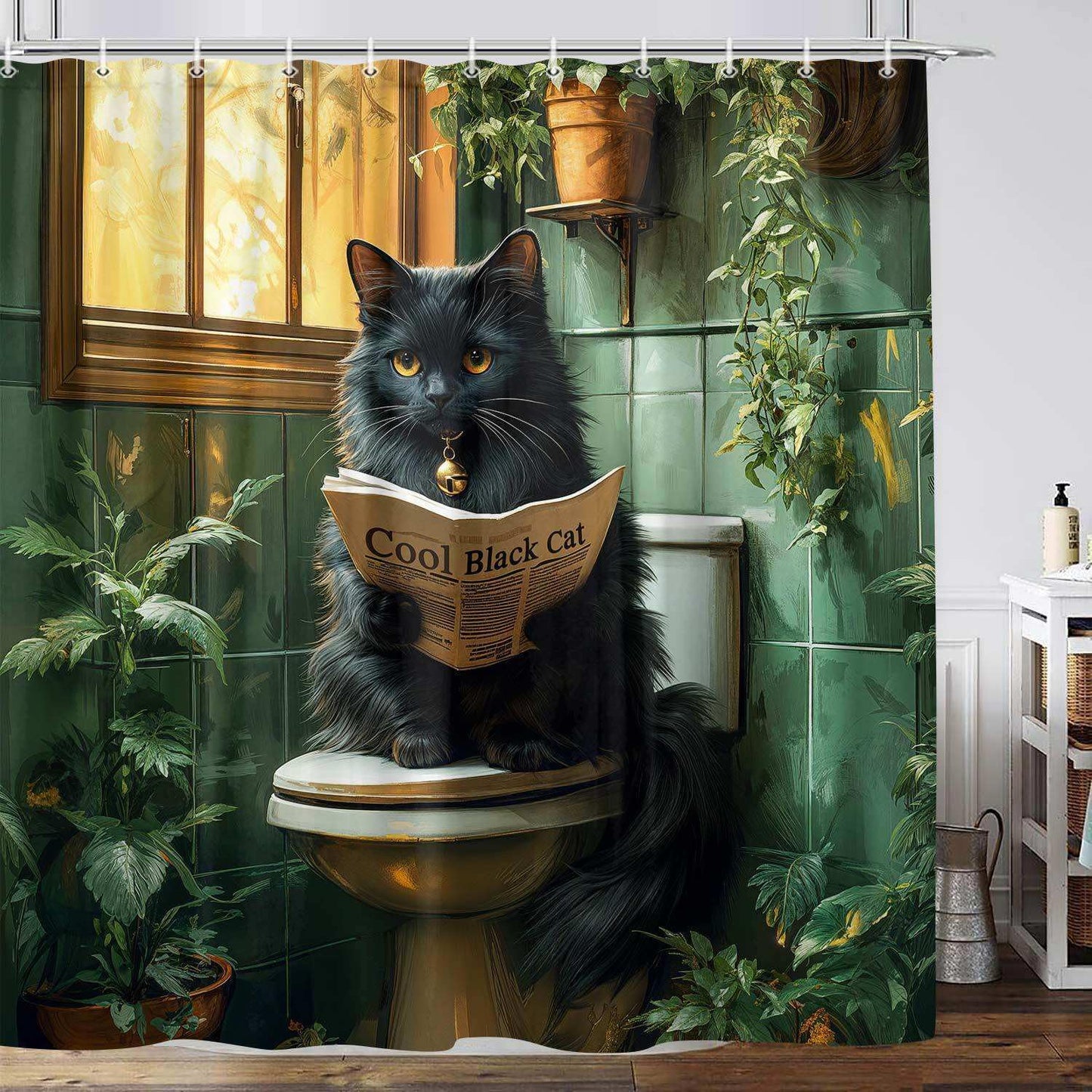 YDIDIAN Funny Black Cat Shower Curtain, Fun Animal Restroom Fabric Shower Curtains for Bathroom, Cat Toilet Reading Newspaper Bath Decor Decorative, with Hooks, 70X70IN