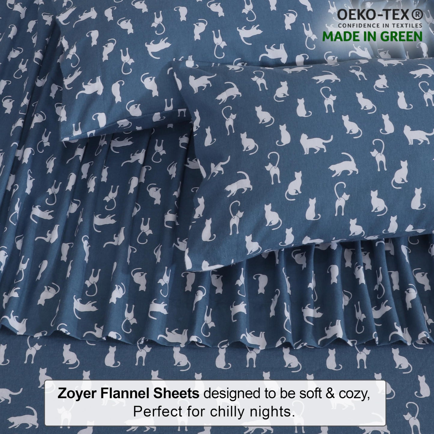 ZOYER Flannel Sheets Queen Size - 100% Cotton Double Brushed Bed Sheets, Deep Pockets 16 Inches Queen Sheet Set, All Seasons Breathable & Extra Soft - Warm & Cozy, 4 Piece, White Cat