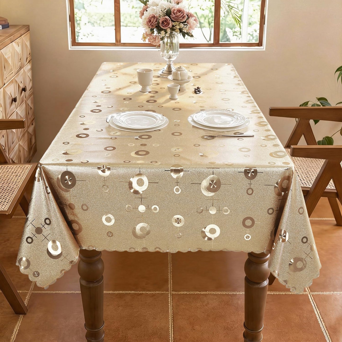 Heavy Duty Vinyl Tablecloths for Rectangle Tables 54x78 Inch Waterproof Oil-Proof Stain-Resistant TableCloth Gold Coin Pattern Washable Decorative Table Cover for Dining Event Camping Party Restaurant