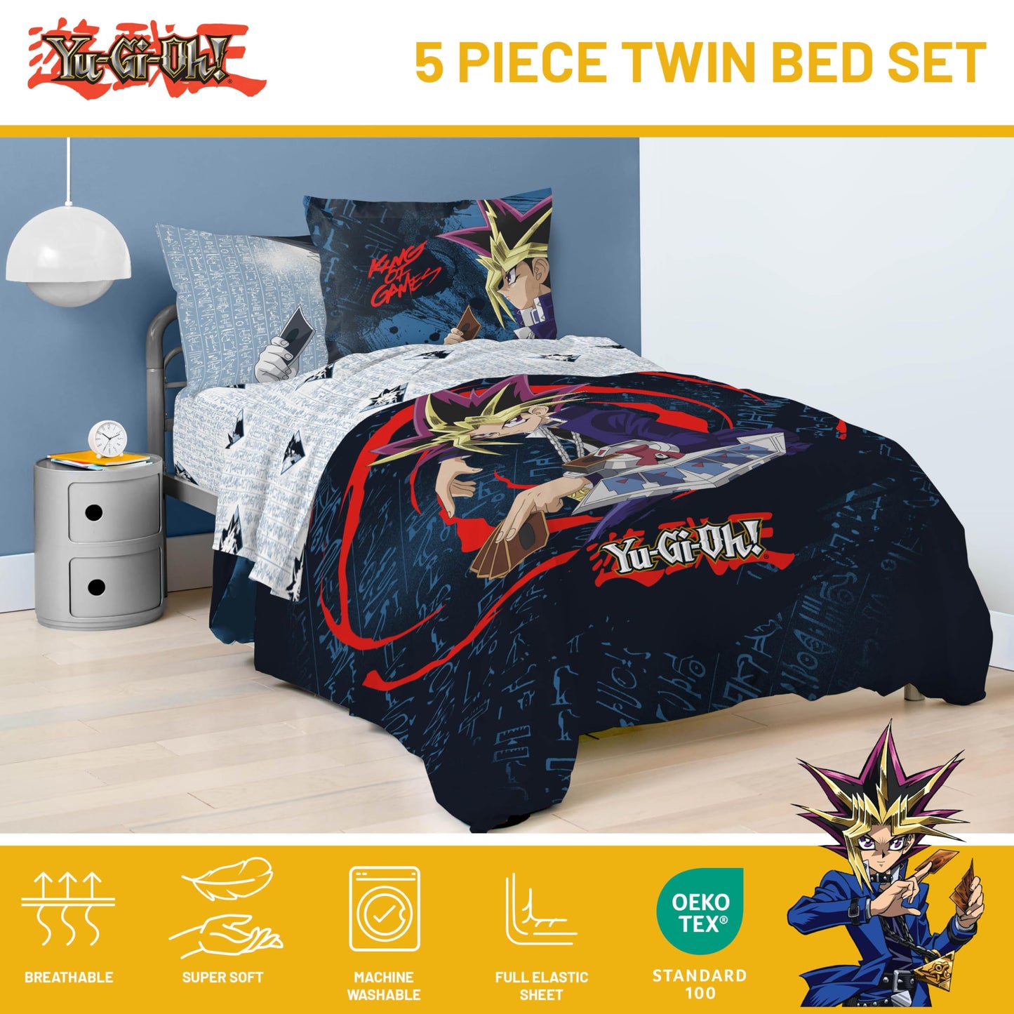 Jay Franco Yu-Gi-Oh! Twin Size Comforter Set - 5 Piece Bedding Includes Sheet Set & Pillow Covers - Super Soft Cozy Bedding