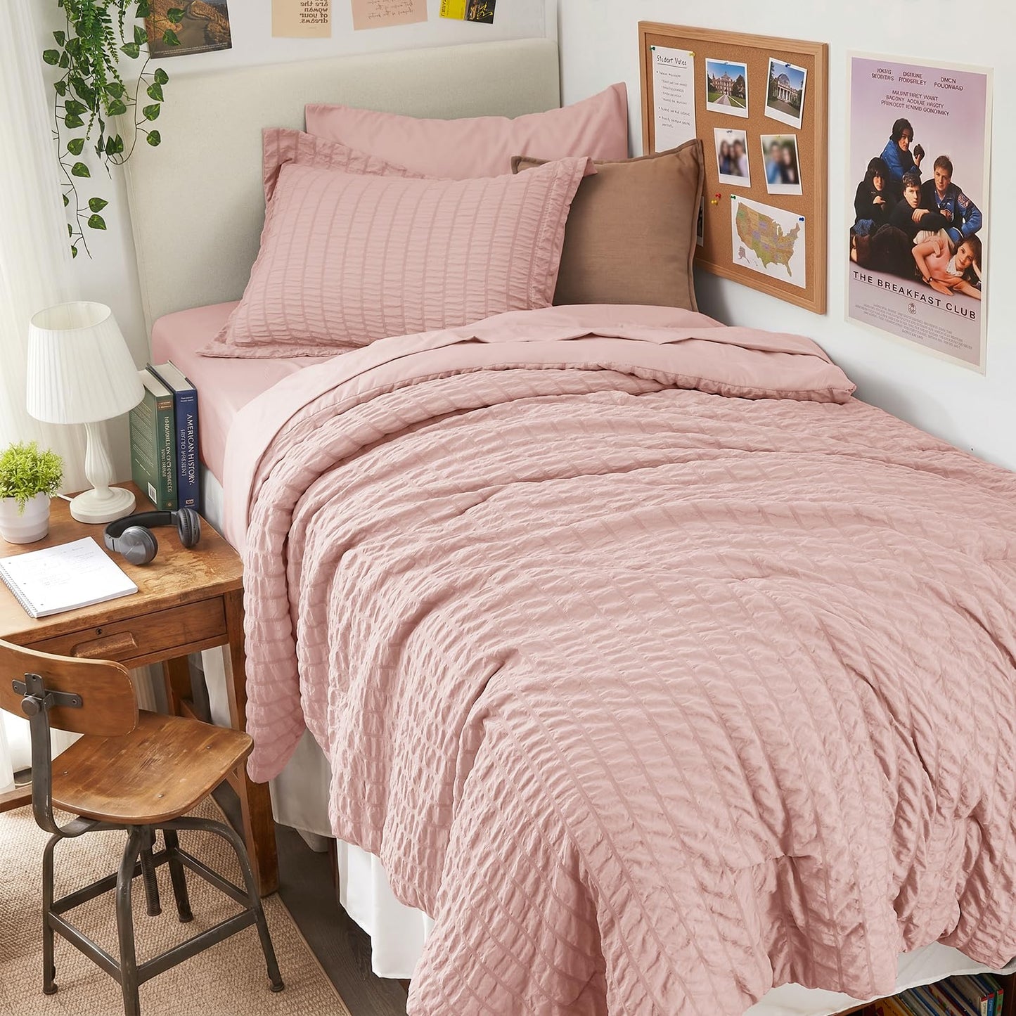 HYMOKEGE Rose Gold Twin Comforter Set Seersucker 5 Pieces, All Season Luxury Bed in a Bag Queen for Bedroom, Bedding Set with Comforter, Sheets, Pillowcase & Sham