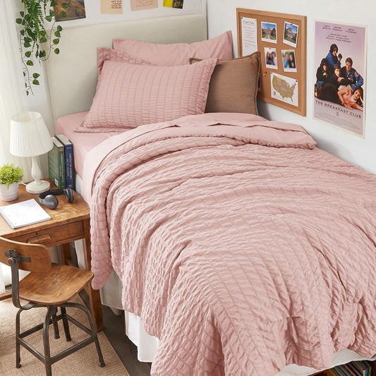 HYMOKEGE Rose Gold Twin Comforter Set Seersucker 5 Pieces, All Season Luxury Bed in a Bag Queen for Bedroom, Bedding Set with Comforter, Sheets, Pillowcase & Sham