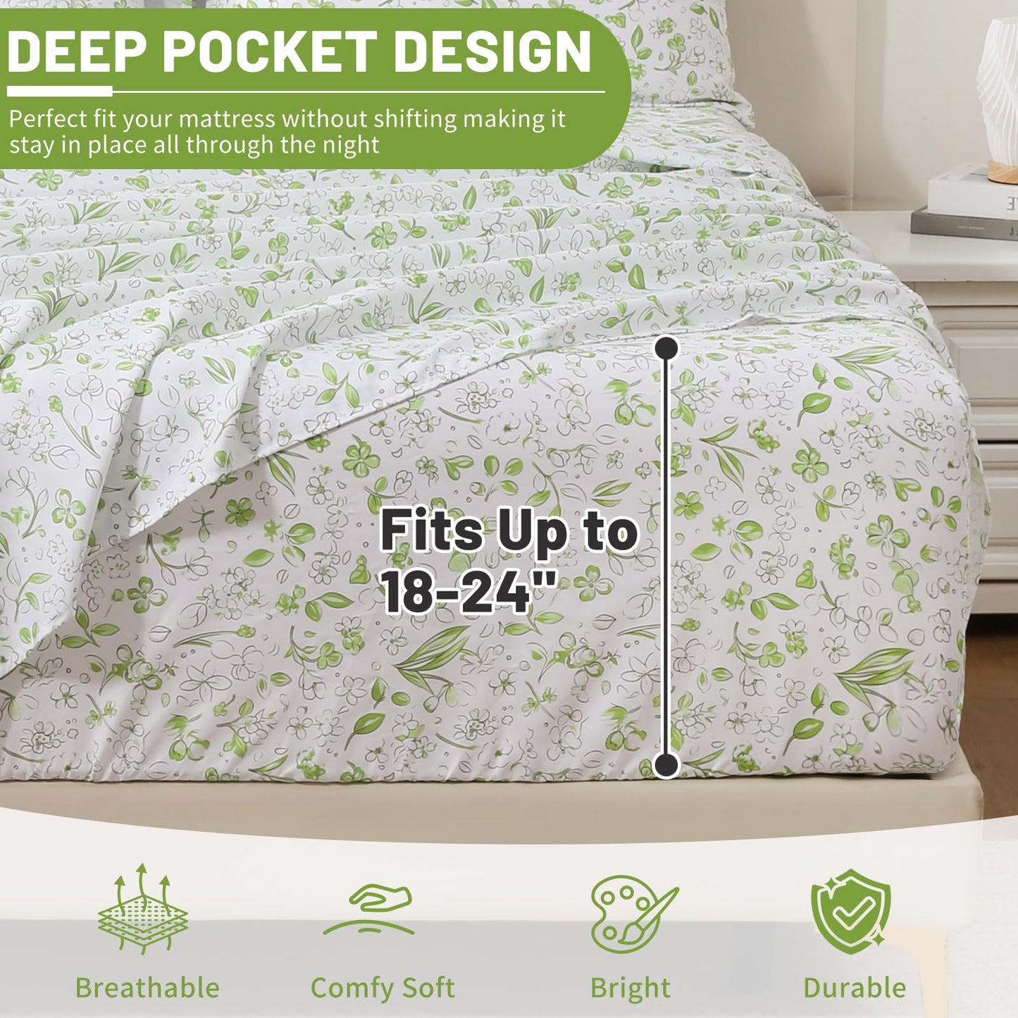 Bedlifes Queen Sheet Set Ultra Soft, Breathable, Silky Flower Deep Pocket 100% Microfiber Bedding, 4 Piece Queen Size Green Floral