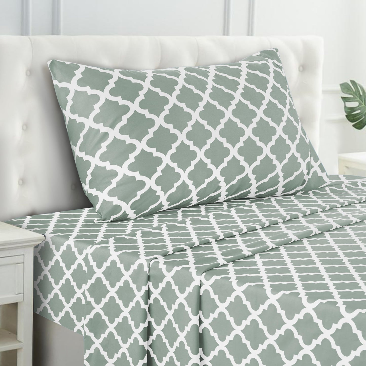 LUX Décor Quatrefoil Twin Sheet Set - 3 Piece Ultra-Soft Microfiber Bed Sheets with Flat Sheet, 16 Inches Deep Pocket Fitted Sheet & Pillowcases, Breathable, Bedroom Decor, Oeko-TEX - Grey White
