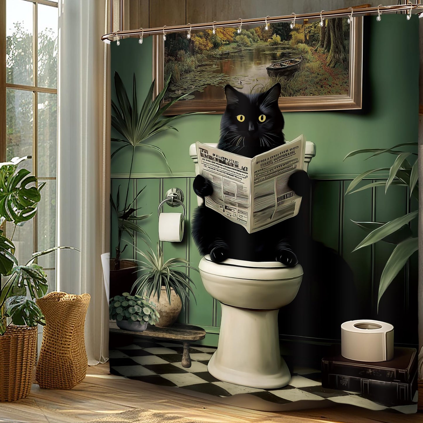 Miyotaa Black Cat Shower Curtain Set 60Wx71H Inches Funny Retro Reading Newspaper Green Plant Pet Vintage Botanical Waterproof Bathroom Curtain with 12 Hooks