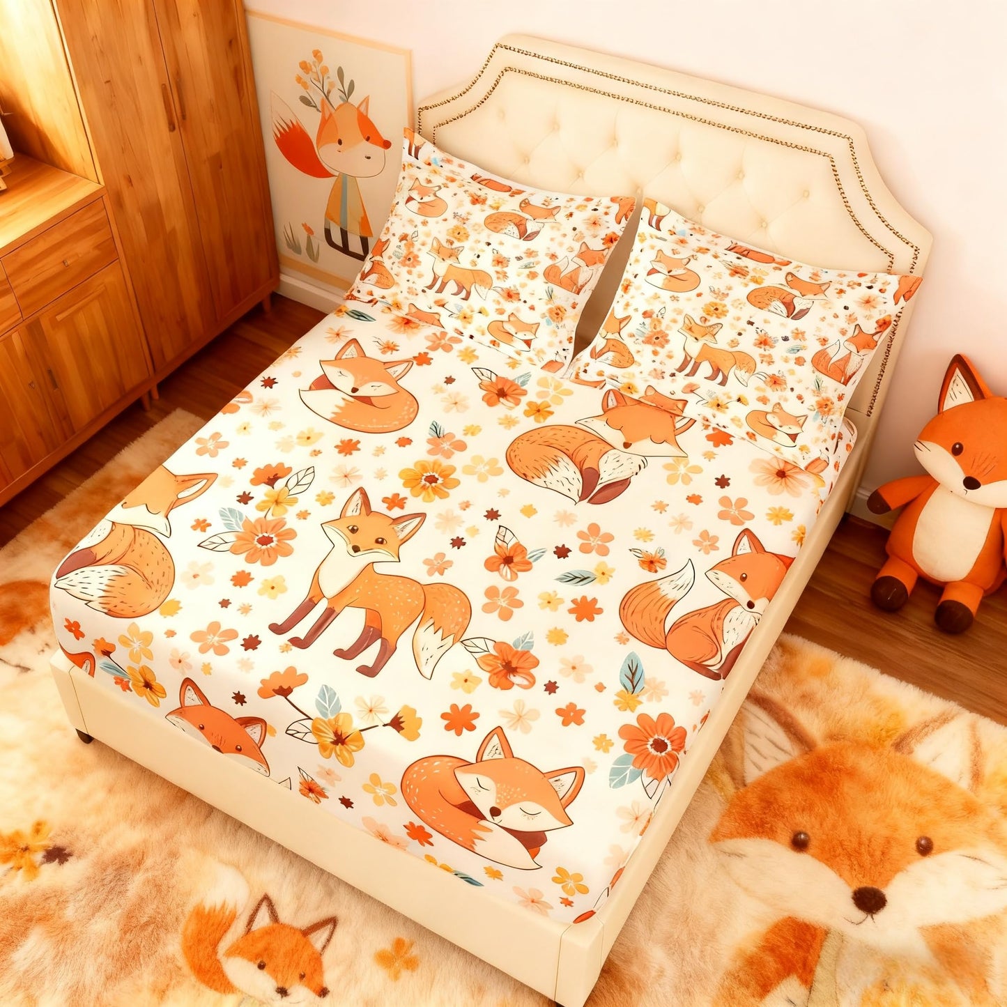 Manfei Cute Fox Kids Fitted Sheet Full Size,Cartoon Animals Toddler Bedding Set,Flowers Plants Rustic Farmhouse Bed Cover,Colorful Lovely Sheet,2 Pillowcases,Full (54*75*16'') (ZZRS700GYY-CL_USf)
