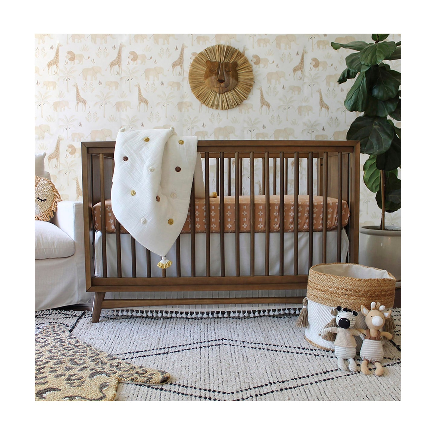 Crane Baby Blanket, 36” x 36”, Soft Cotton Pom Pom Nursery Blanket for Boys and Girls, Cream