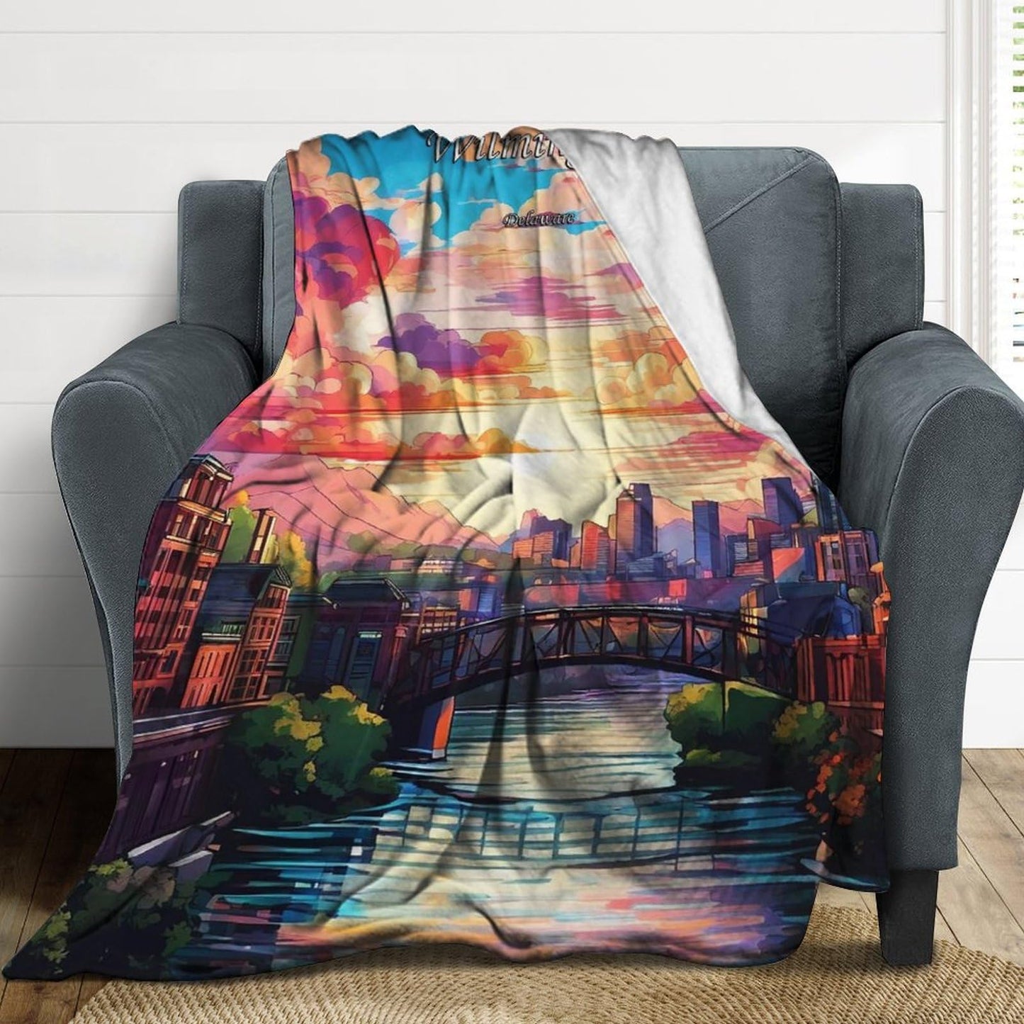 Wilmington Delaware City Skyline Landscape Abstract Blanket Soft Flannel Lightweight Blanket Outdoor Travel Carry Living Room Bedroom Sofa Decoration Gifts 60x80 Inch