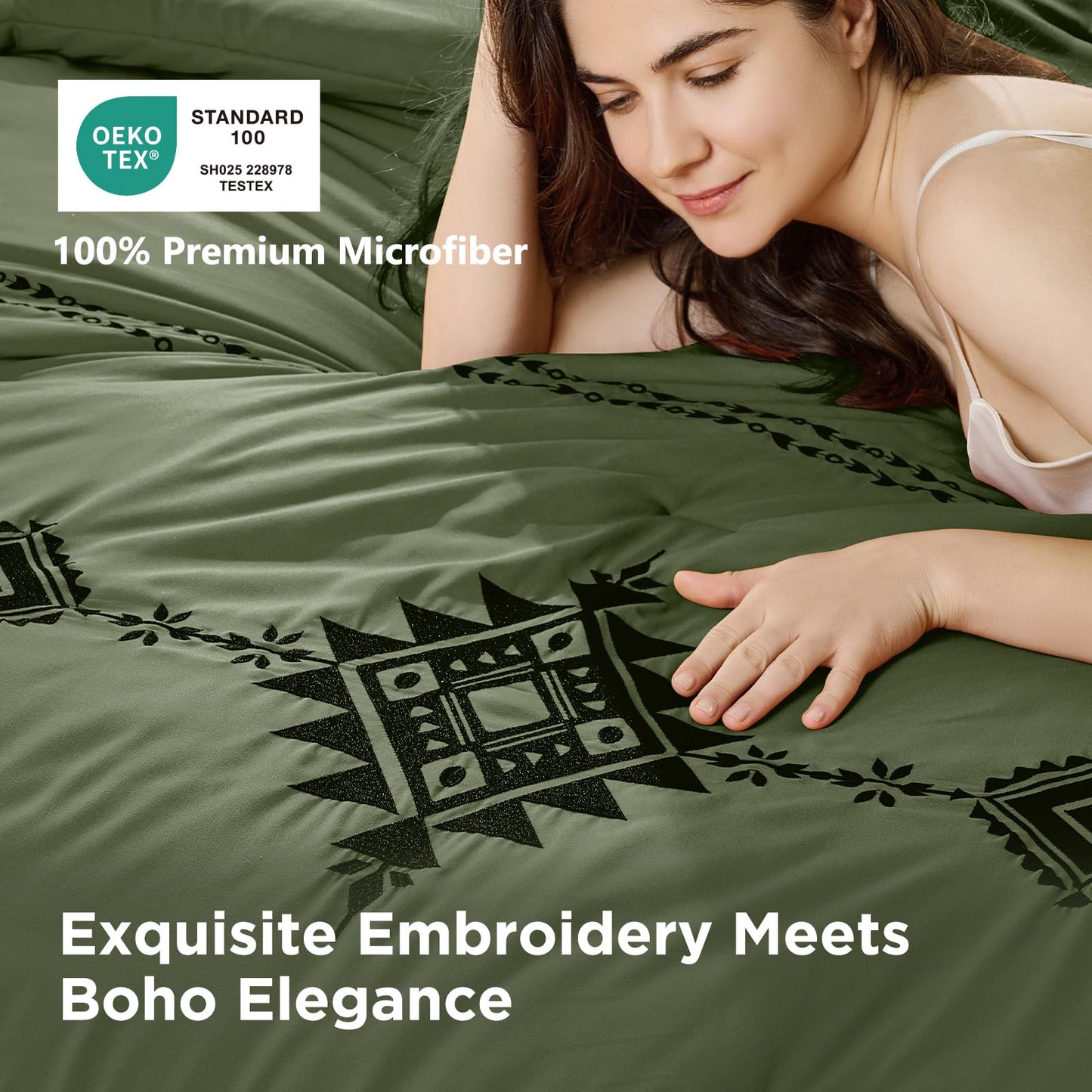 Baskbed Embroidered Boho Comforter Set Queen Size, 3-Piece Western Shabby Chic Bedding Set - Fluffy Ultra Soft Microfiber with Intricate Design, Includes 1 Green Comforter(88"x88") & 2 Pillowcases