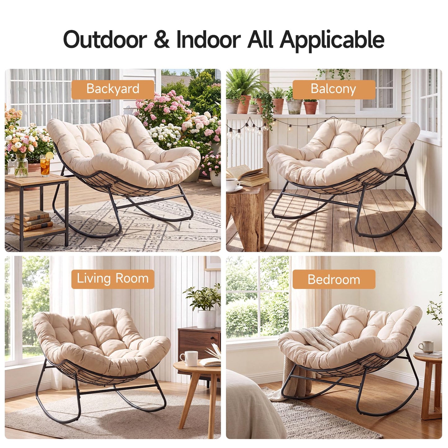 Dovov Outdoor Papasan Rocking Chair, Oversized Rocking Chair with Thickened Cushion, 450 lbs Heavy Duty Comfy Patio Egg Chair, Oversized Outdoor Rocker Chair for Porch Garden Balcony Indoor, Beige