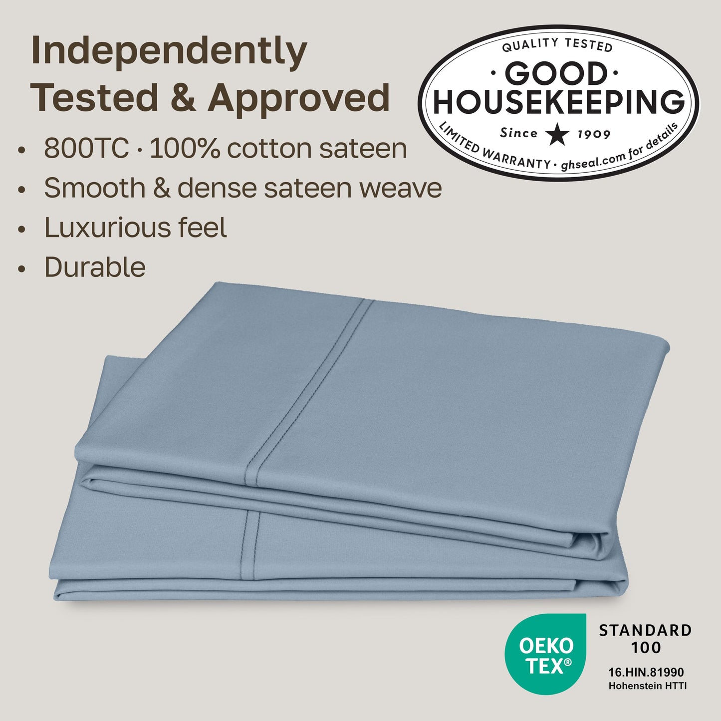 Heirloom Soft, Smooth & Thick Certified 800 Thread Count 100% Cotton Sateen, 2 Pillow Cases King Size, Fits King Pillows (Dusty Blue)