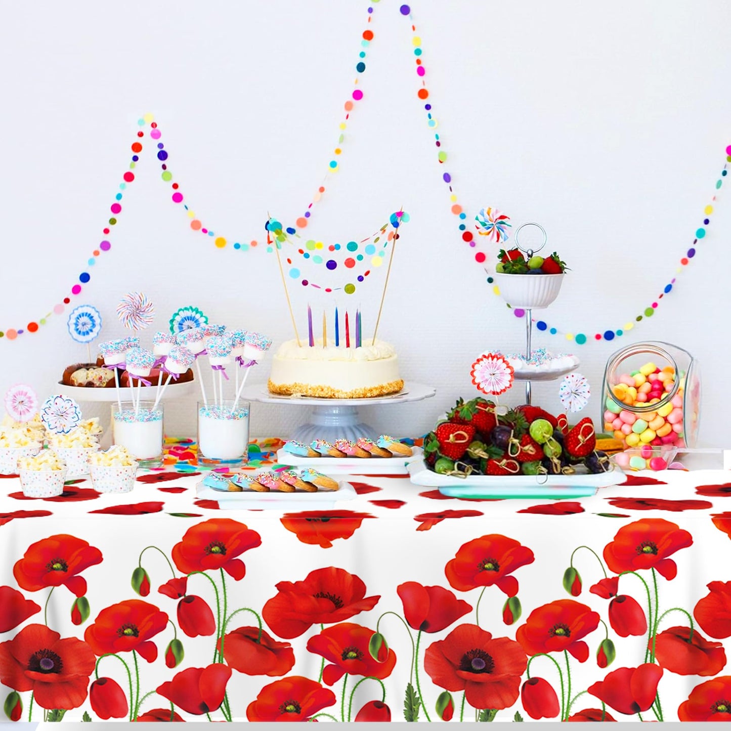 Adirasenotek 3 PCs Red Poppy Flowers Tablecloths Decorative Table Cover Spring Floral Tablecloth Plastic Tablecloths for Holiday Table Birthday Wedding Picnic Party Supplies,87x54In