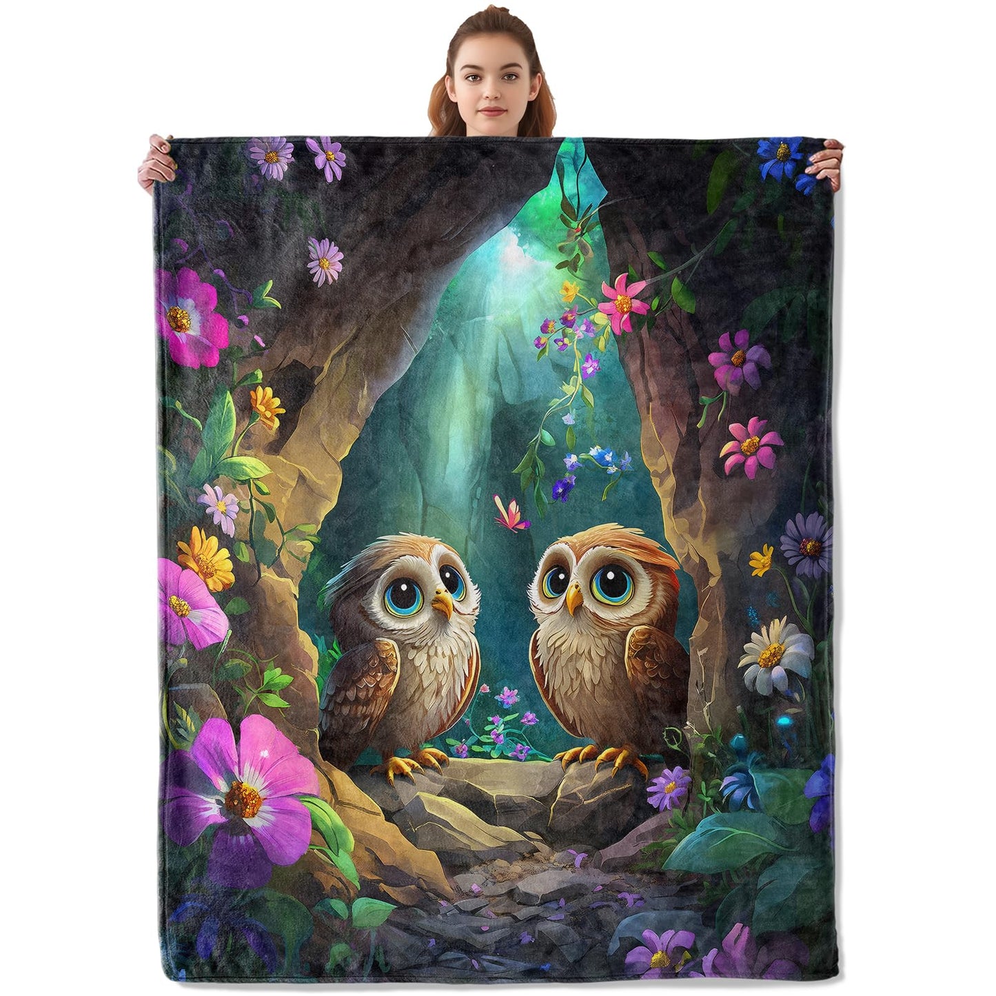 Kibue Adorable Owl in Cave Blanket, Soft & Warm Flannel Throw - Cozy Plush Lightweight Blankets for Travel, Decor, Bedroom, Office, Sofa - Gifts for Adults Kids - Ideal for All Seasons 60"×50"