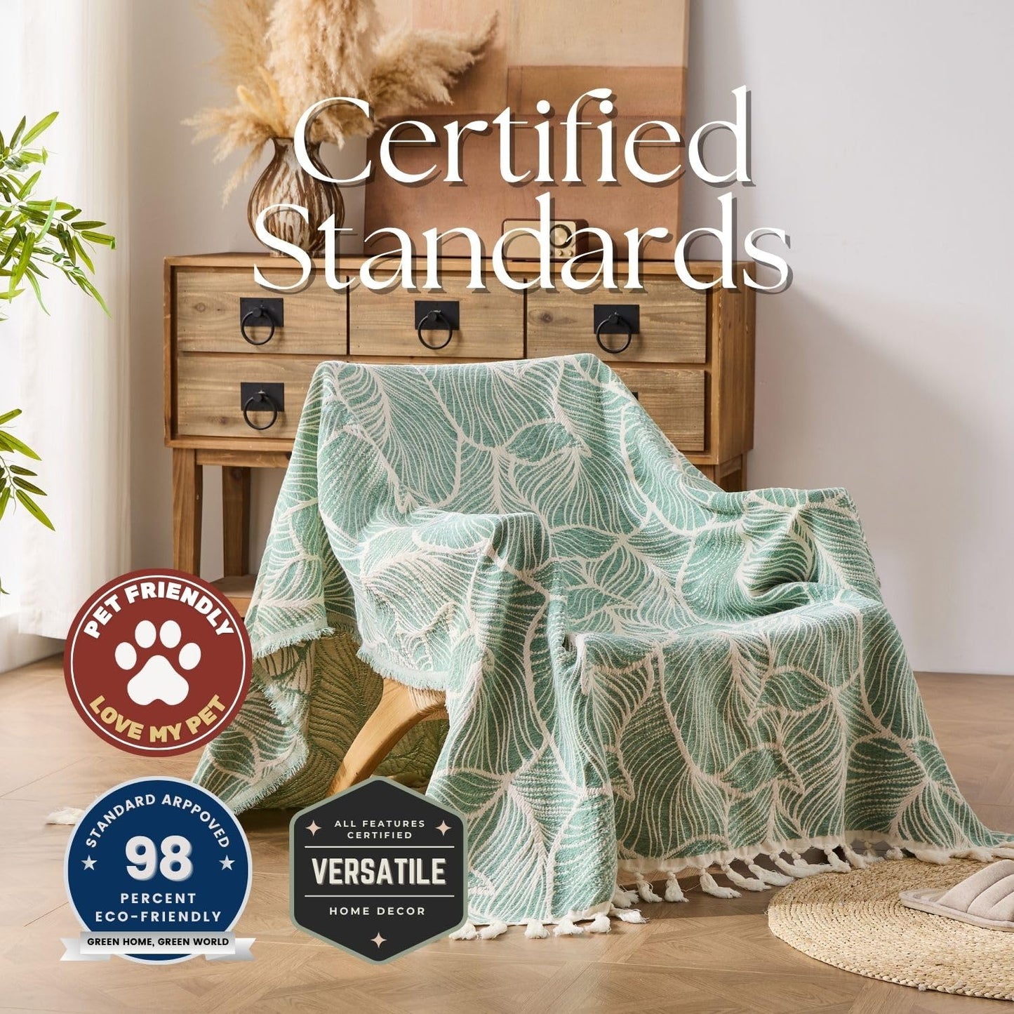 DOWN HOME Chenille Cotton Throw Blanket for Couch, Lightweight Boho Blanket for Bed Sofa Chair Living Room Outdoor Soft Woven Decorative Blanket with Tassel Gift Green Leaves 55"x60"