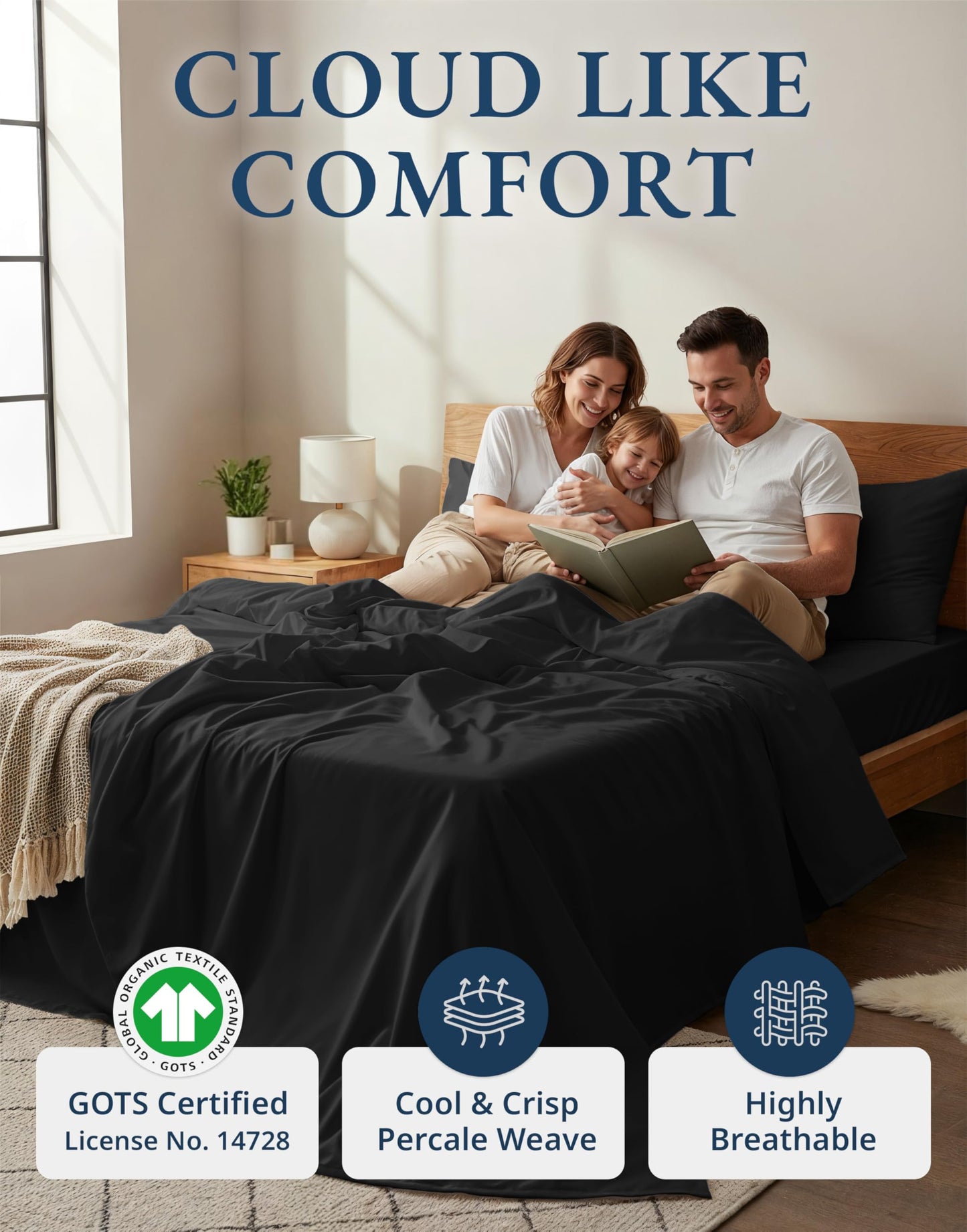 LANE LINEN Queen Sheets Cotton 100% Organic Cotton GOTS Certified Percale Weave Deep Pocket 4 Piece Soft Breathable Cooling Lightweight All Season Machine Washable Crisp - Black