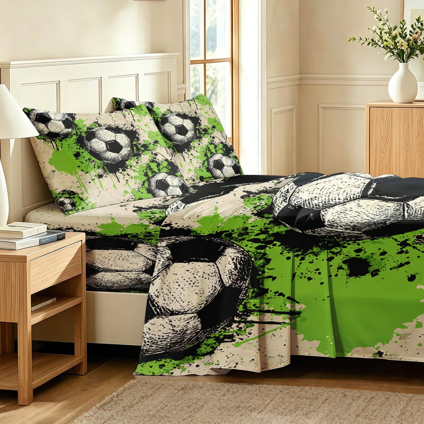 Graffiti Soceer Sheet Set, 4 Pcs Queen Size Boys Bed Sheets, Beige
