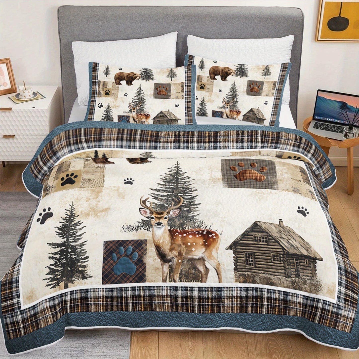 Tuzaovy Bear Deer Quilt Set Queen Size,Rustic Animal Bear Paw Printed Bed Cover Set for Boys Girls Room Decor,Rustic Farmhouse Quilt Bedding,Country Woodland Pine Tree Bedspread Bedroom Decor