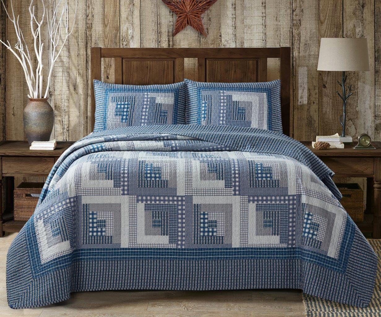 Virah Bella 2 Piece Full/Queen Lodge Quilt Bedding Set - Rustic Country Reversible Comforter Set with Decorative Pillow Shams - Montana Cabin: Blue/Gray