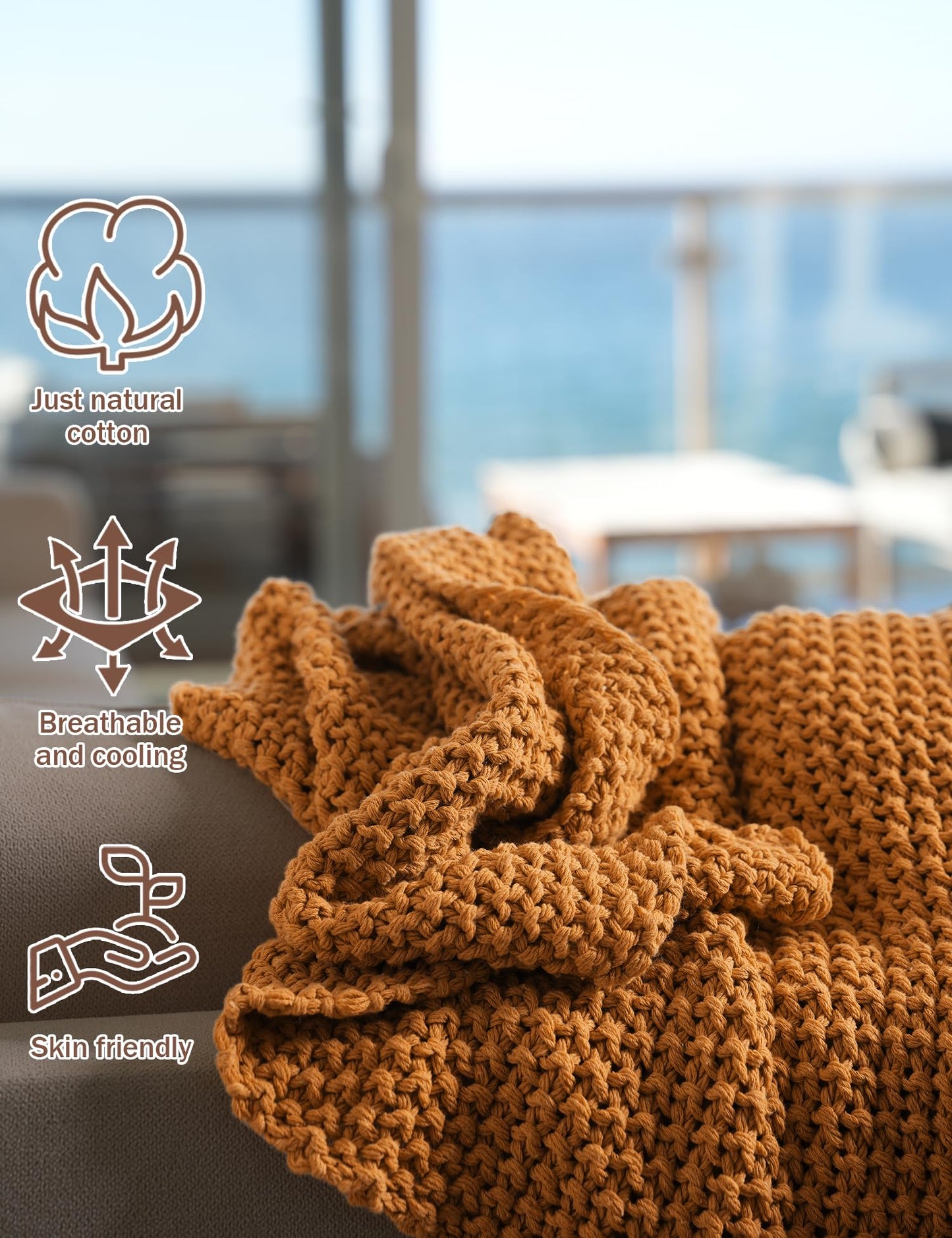 FIYARA Chunky Cotton Knit Throw Blanket, Light Weight Cable Knit Throws for Bed Couch Sofa, Comfy & Relaxing, Decorative Piece for Farmhouse Rustic Scandinavian Chic Vibe, Turmeric Yellow 50x60 Inches