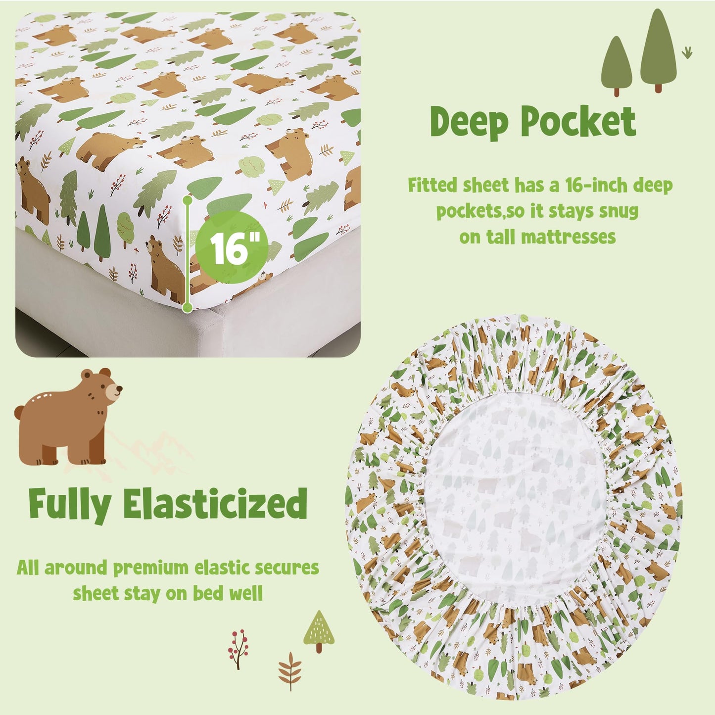 CozySmile Full Sheet Set Kids,4 Pieces Breathable Soft Microfiber Bedsheets for Child Boys, Oeko-TEX, Anti Pilling Deep Pockets Easy Care Bed Sheets, Forest Bear