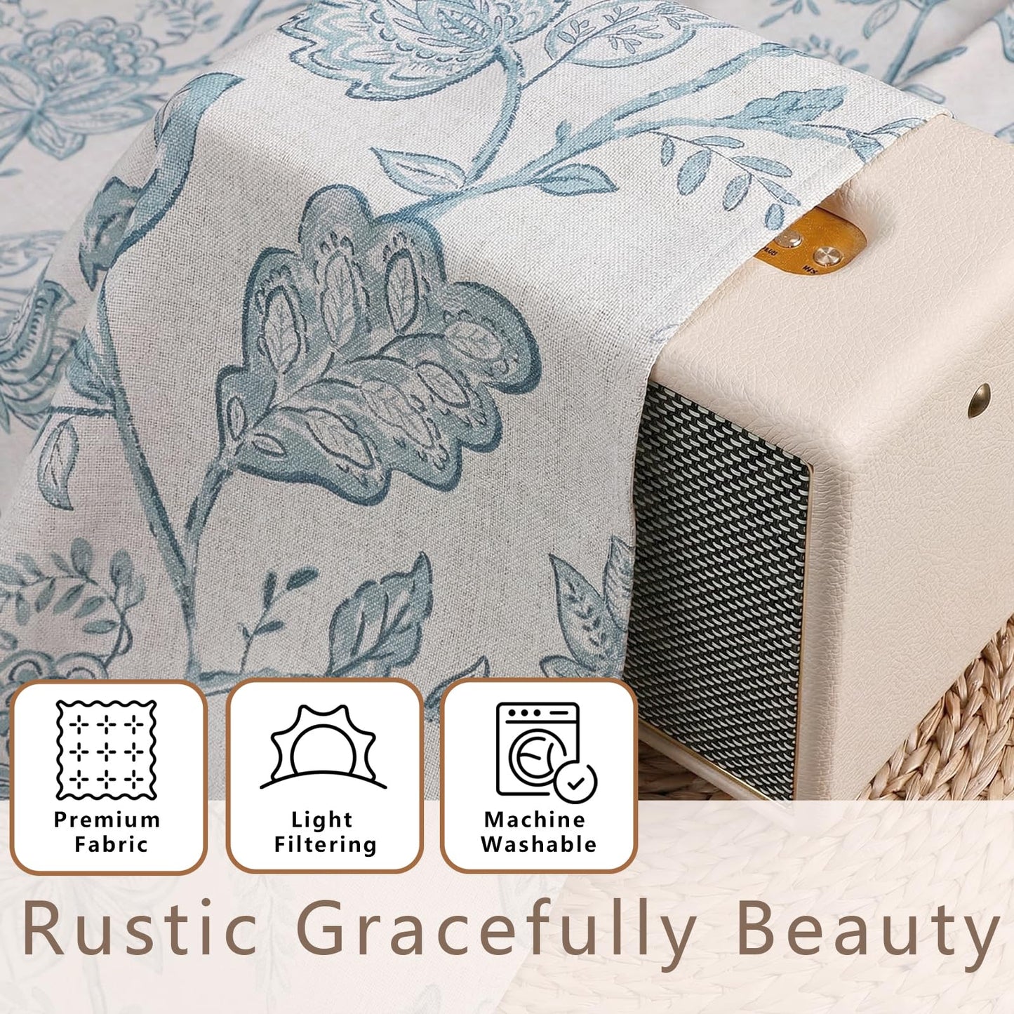 Ebesto Floral Curtains 63 Inch Length - Light Filtering Faux Linen Flower Printed Window Curtains for Bedroom, Rod Pocket No-See Through Privacy Drapes, 2 Panels, Each 40Wx63L Inches, Dusty Blue