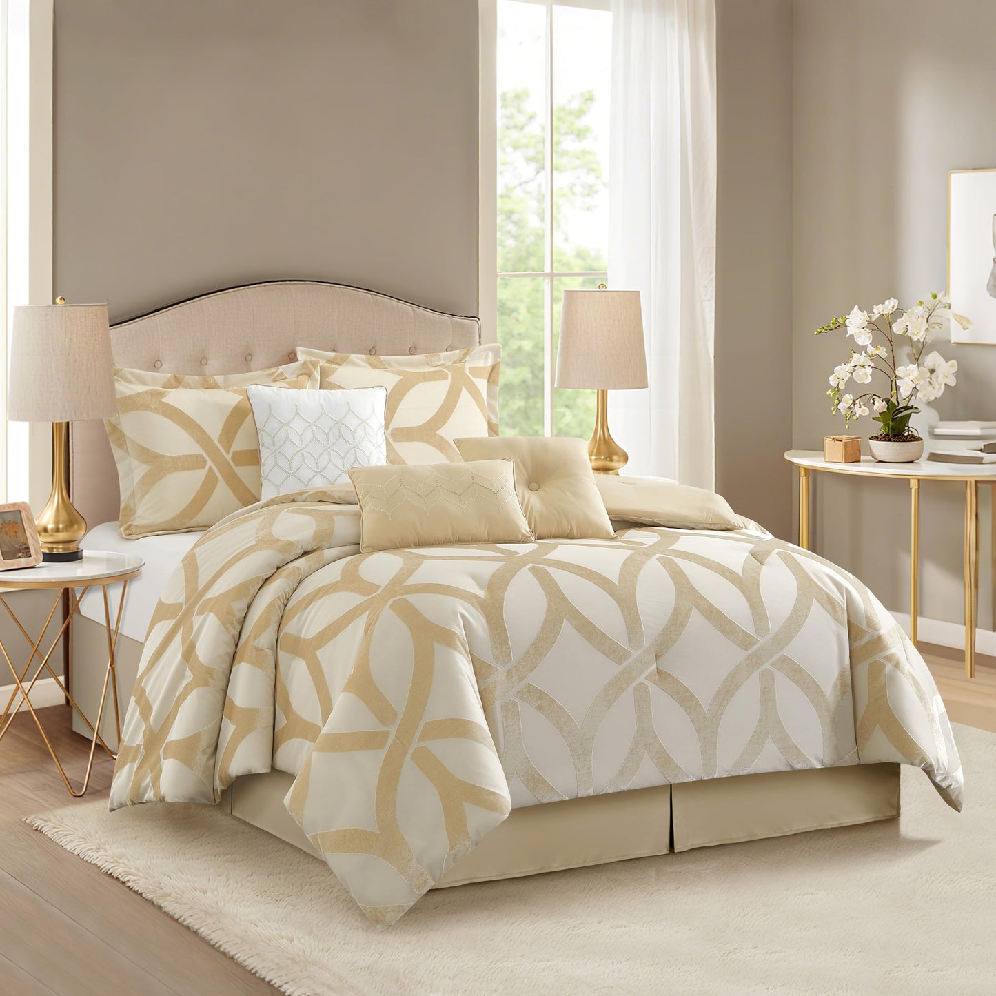 Stratford Park Grand Avenue Gold Comforter Set King, Polyester Geometric 7 Piece Bedding, Jacquard with Matching Solid Microfiber Piece Work, All Season Bedding Sets, Matching Bedskirt, Pillow Shams