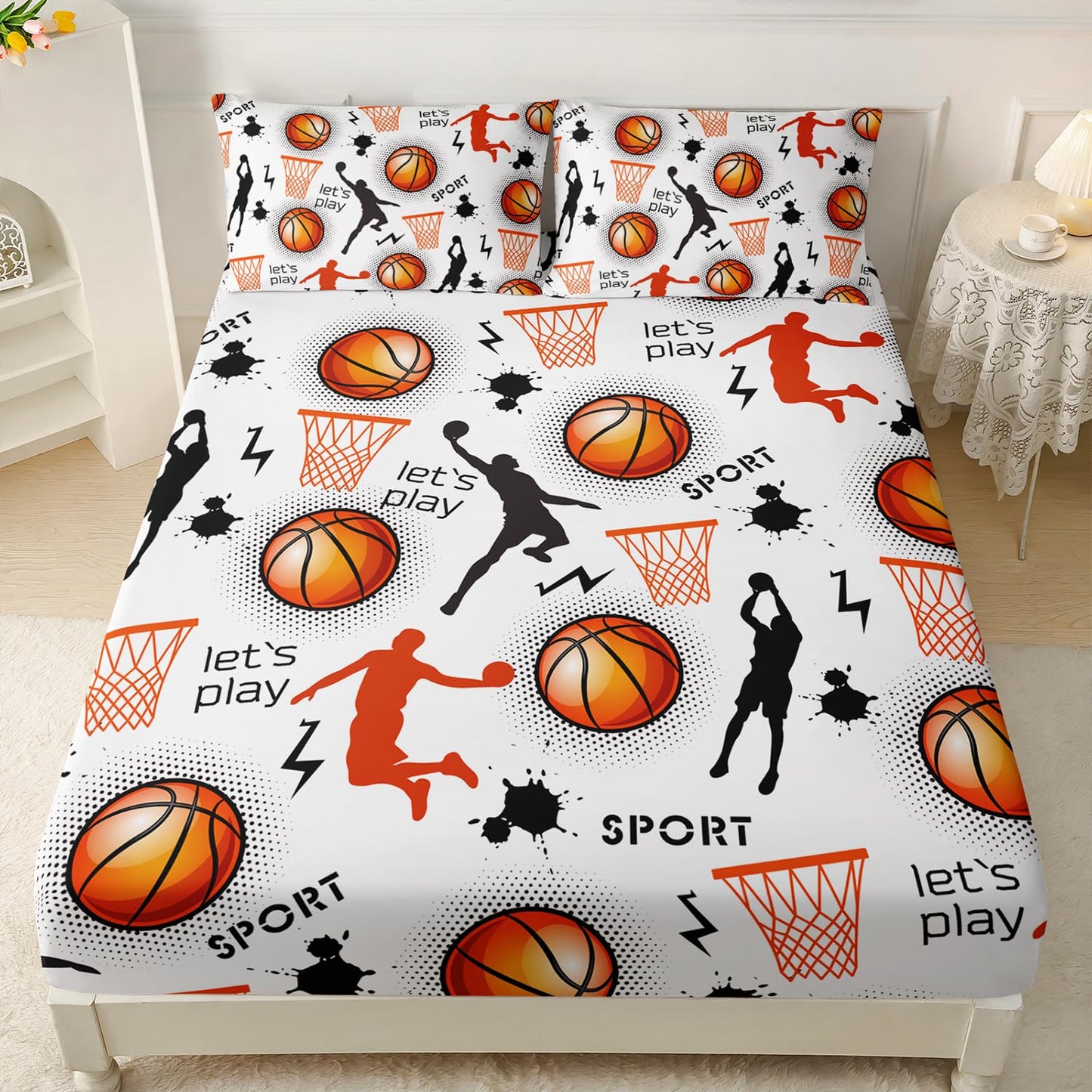 HOSIMA Basketball Twin Bedding Sets for Boys Room Decor,Various Postures of Shooting Print Fitted Sheet,Basket and Basketball Pattern Teens Sports Bedding,1 Fitted Sheet+2 Pillowcases.