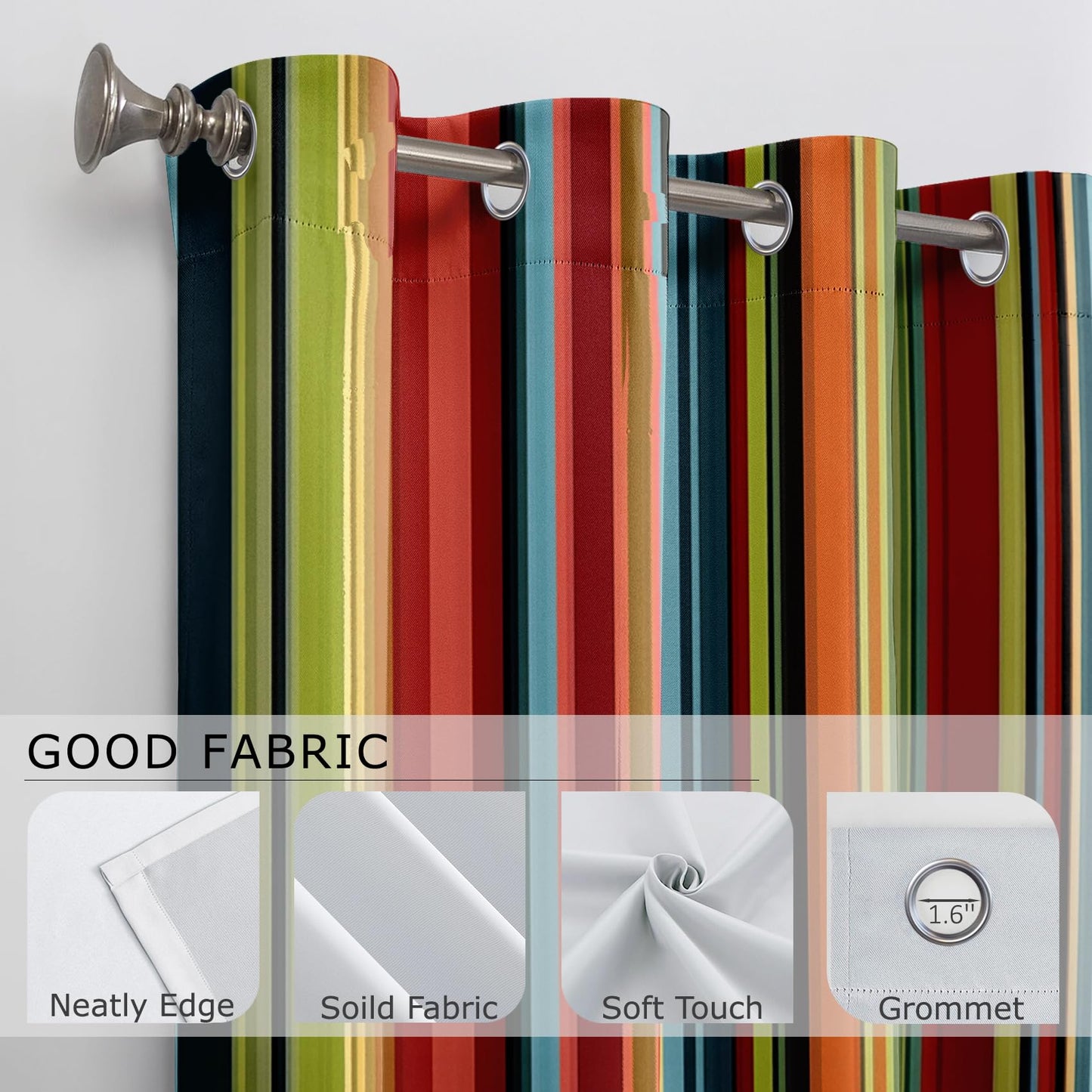 Solvivae Boho Blackout Curtains 63 Inch Length, Boho Colorful Stripes Curtains for Bedroom Living Room, Room Darkening Thermal Insulated Grommet Drapes, Patterned Window Treatments