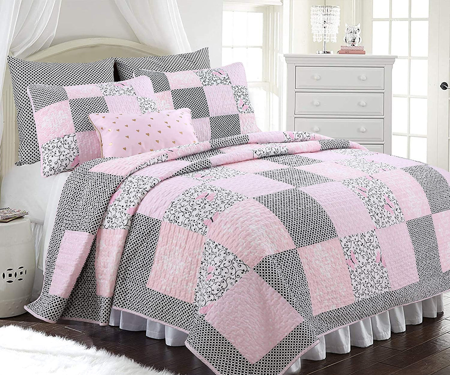 Cozy Line Home Fashions 100% Cotton Real Patchwork Floral Butterfly Shabby Chic Girly Reversible Quilt Bedding Set, Coverlet Bedspread (Black Pink, Queen - 3 Piece)