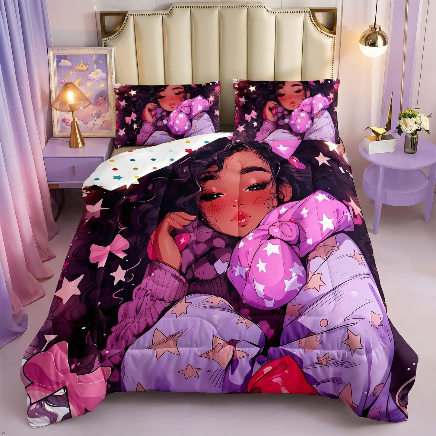 Erosebridal Black Girls Bedding Set Afro Girl Twin Comforter Set for Girls,American African Princess Magical Quilt for Toddler Kids Teenager,Pink Purple Cute Room Decor