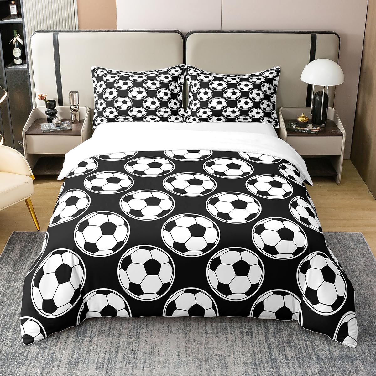 Erosebridal Football 100% Cotton Duvet Cover Twin Size Soccer Gamers Comforter Cover for Kids Boys Gaming Player Bedding Set Games World Cup Black White Ball Bedspread Cover with 1 Pillow Case