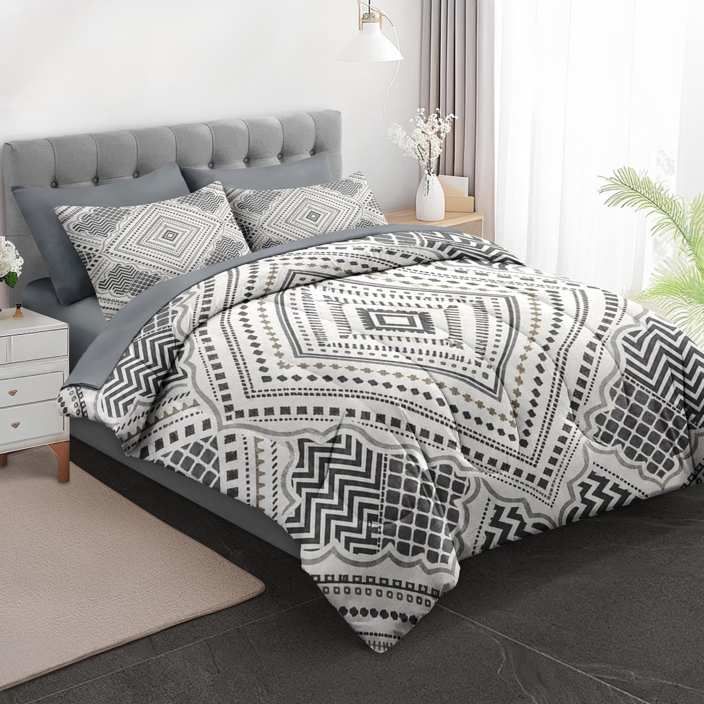 Boewywh Comforter Set Twin Size Boho Geometric Aztec 7 Pcs, Bedding for Kids and Adults, Farmhouse Grey Bed Sheet Sets with Fitted Sheet 2 Pillowcases & 2 Shams for Bedroom Bed Decor