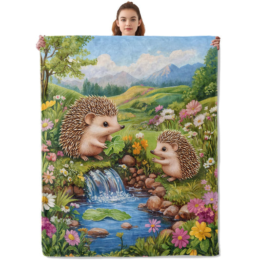 Kibue Cute Hedgehog Blanket, Warm Cozy Flannel Throw with Animal and Flower, Soft Lightweight Blankets for Travel, Sofa, Bedroom, Office, Cartoon Nature Home Decor Gifts for Adults Women 60"×50"