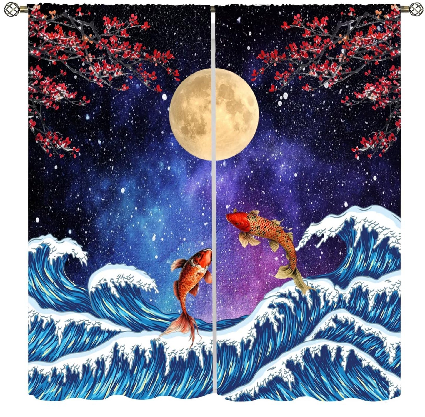 Koi Asian Oriental Cherry Blossom Moon Sea Wave Pattern Curtains for Bedroom Living Room Kitchen - Blackout Privacy Noise Reduction - 42x45 Inches 2 Panels