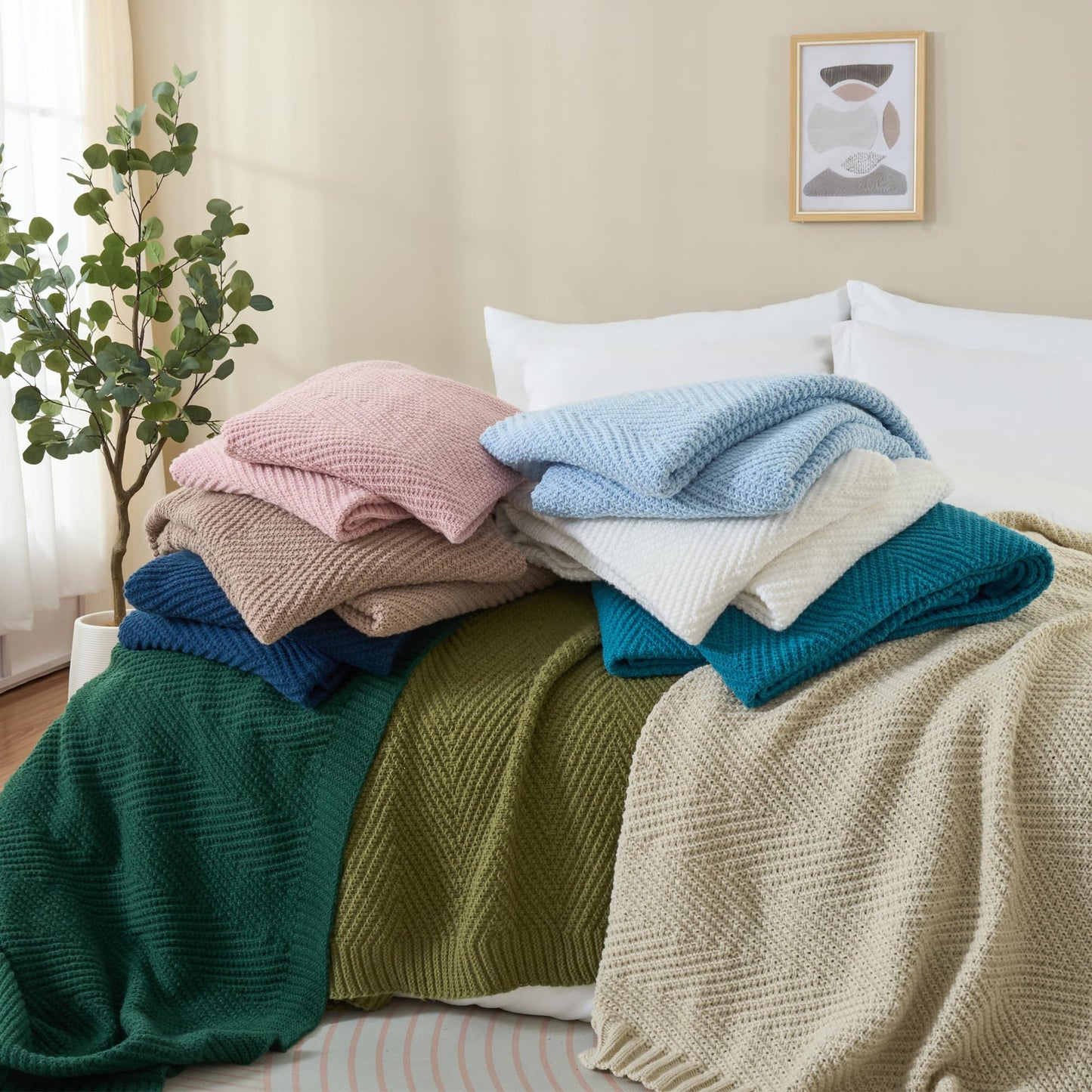 LONG CREATE Knitted Throw Blanket 50"X60", Taupe Knit Throws for Bed, Super Soft Boho Chevron Blankets for Couch Sofa Chair Room Decor, Textured Decorative Farmhouse Cozy Lightweight
