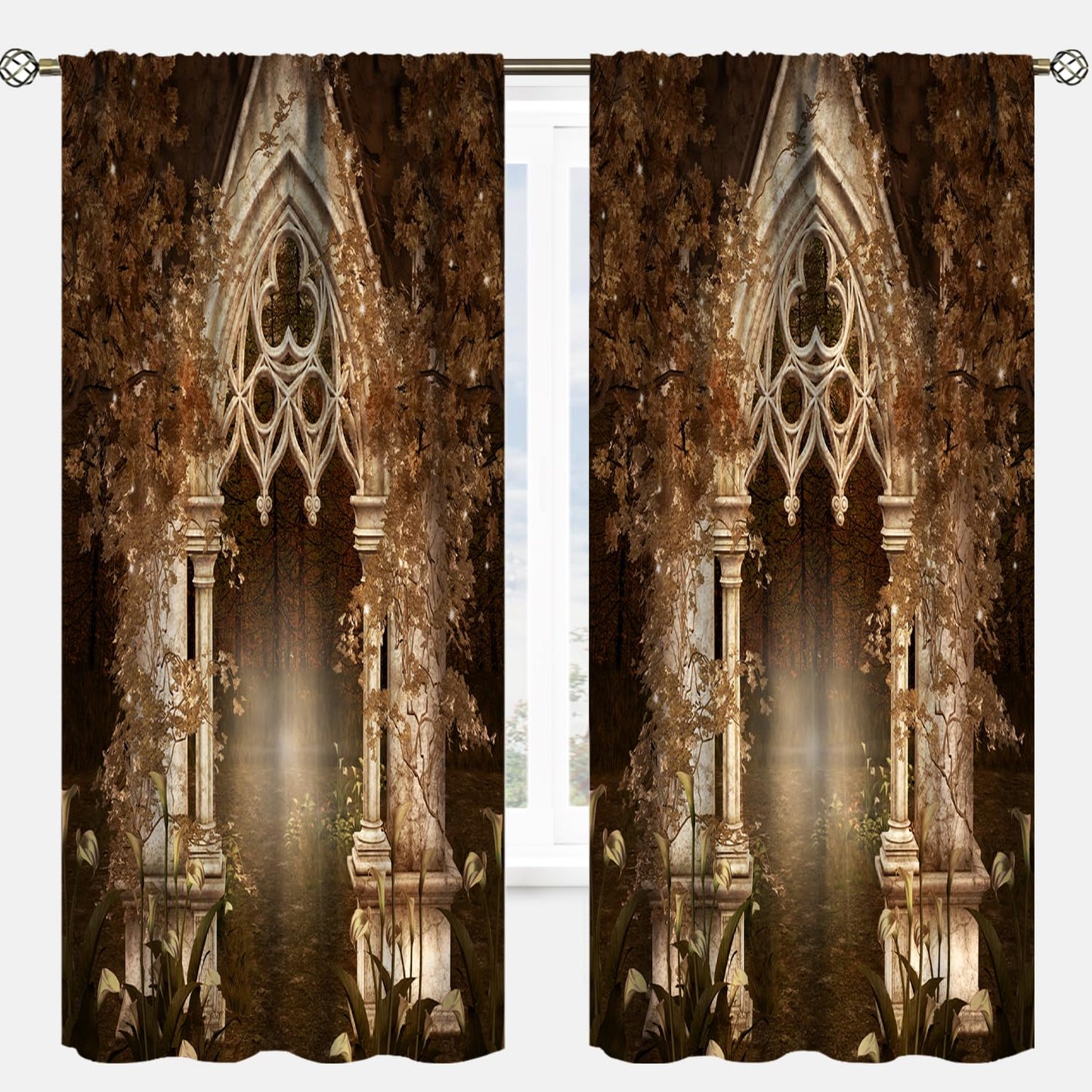 YCness Fantasy Nature Landscape Curtains, Golden Sparkle Gothic Fantasy Gate Magic Dreamland Fairy Window Treatments for Kitchen Living Room Bedroom Home, 2 Panels 42x45 Inch