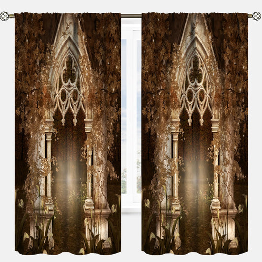 YCness Fantasy Nature Landscape Curtains, Golden Sparkle Gothic Fantasy Gate Magic Dreamland Fairy Window Treatments for Kitchen Living Room Bedroom Home, 2 Panels 42x45 Inch