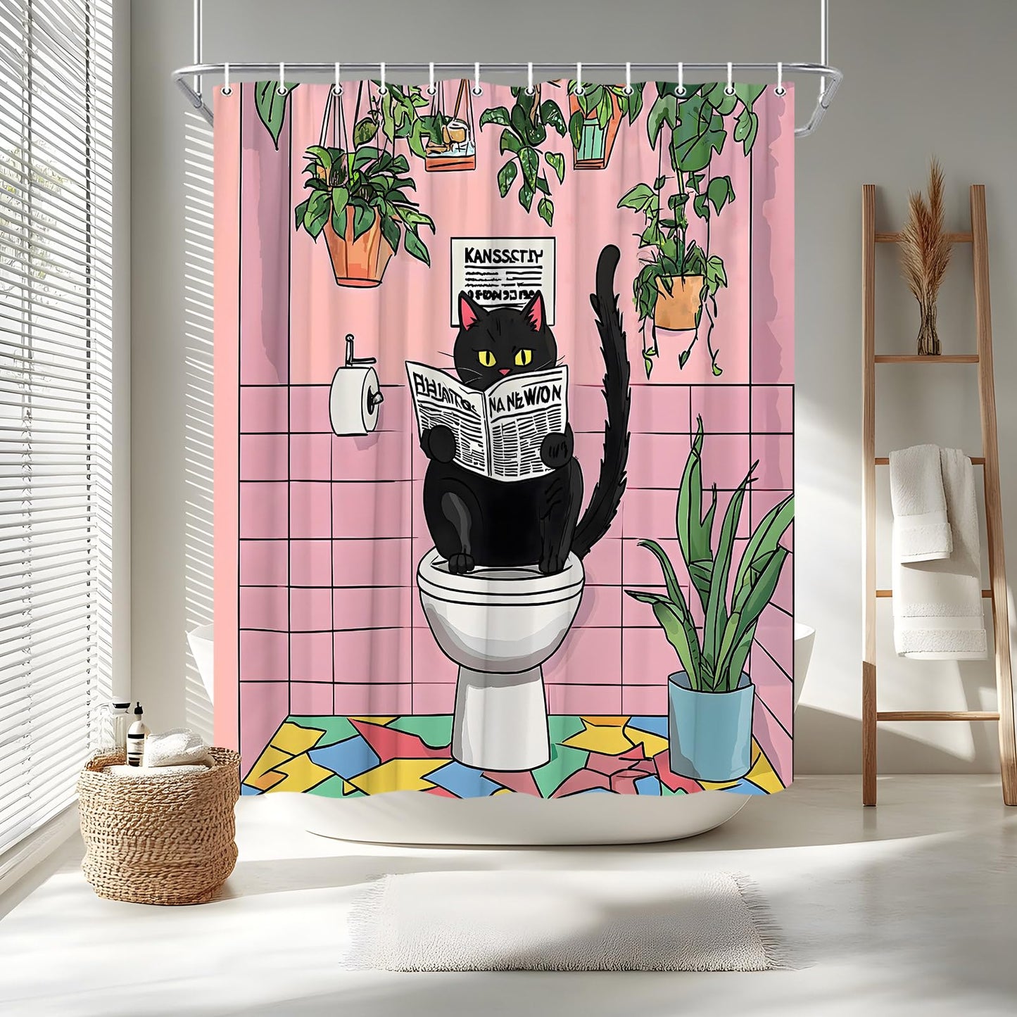 Funny Black Cat Shower Curtain, Tropical Plant Pink Green, 70"W x 70"L