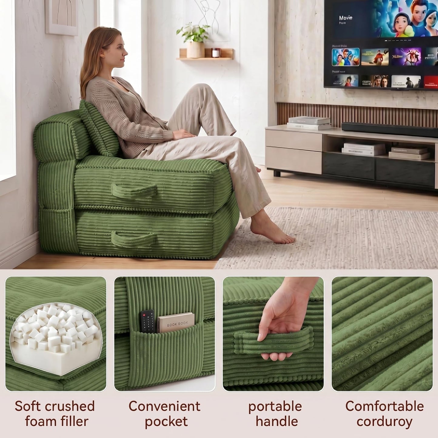 ORWIPO Folding Sofa Bed, Convertible Sleeper Chair with Pillow Foldable Mattress with Back Support, Portable Fold Out Chair Bed Comfy Floor Couch Lounge for Living Room Bedroom Apartment Single