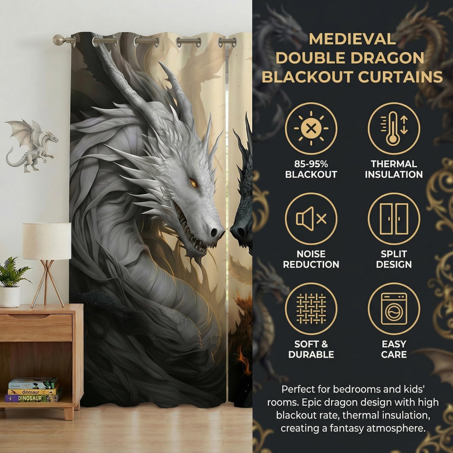 Dragon Blackout Curtains for Girls Boy Home Decor, Fantasy Medieval Magical Black White Dragon Grommet Thermal Insulated Drapes Darkening Window Curtain for Bedroom Living Room, 42 x 45 Inch