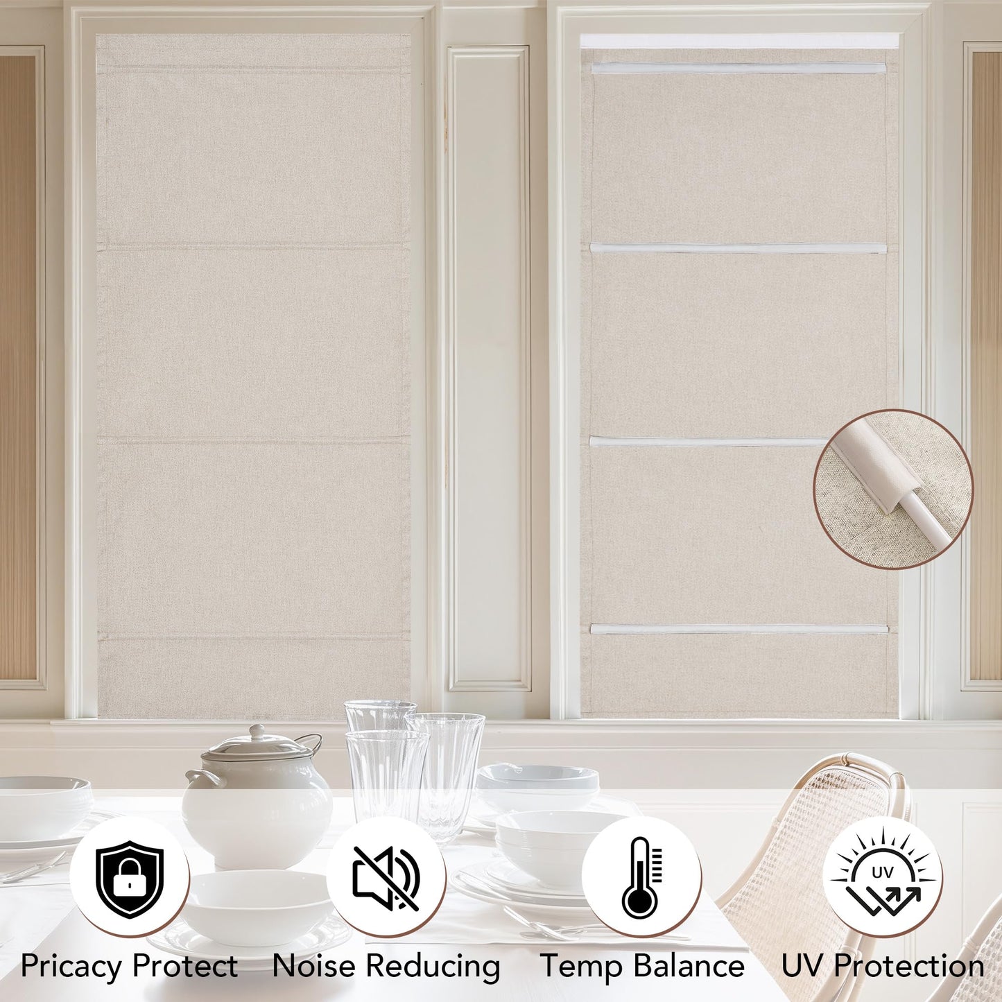 NICETOWN 100% Blackout French Door Curtain with Adhesive Top & Magnetic Lift, No Drill Cordless Roman Shade for Doors, W24 x L72 in, Faux Linen Privacy & Thermal Shade for Living Room Kitchen, 1 PC