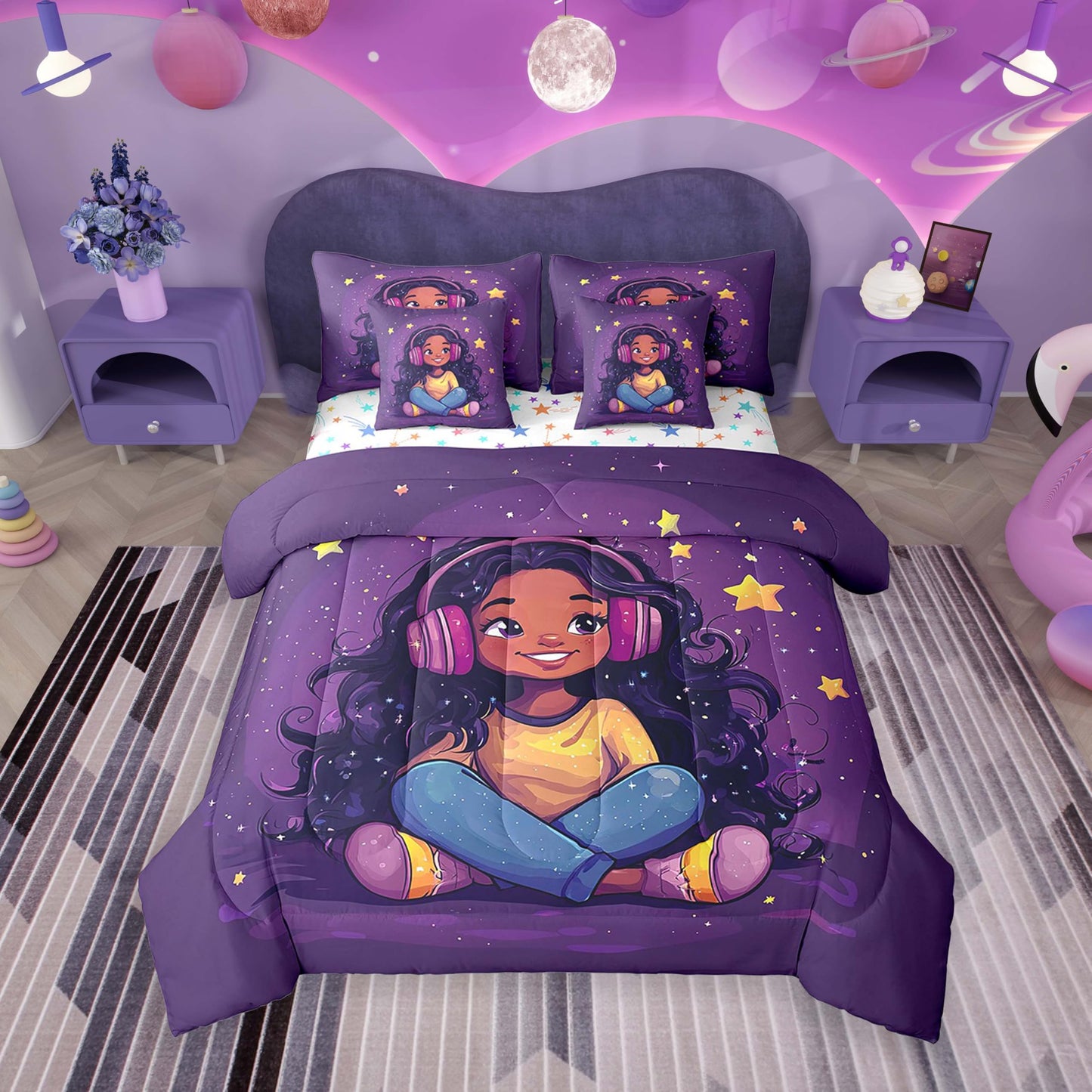 jejeloiu Kids Cute Black Girl Comforter Set 7 Pieces Full Size African American Girl Bedding Set Music Star Print Bed in a Bag with Comforter, Sheets, Pillowcases & Cushion Covers（No Glitter）