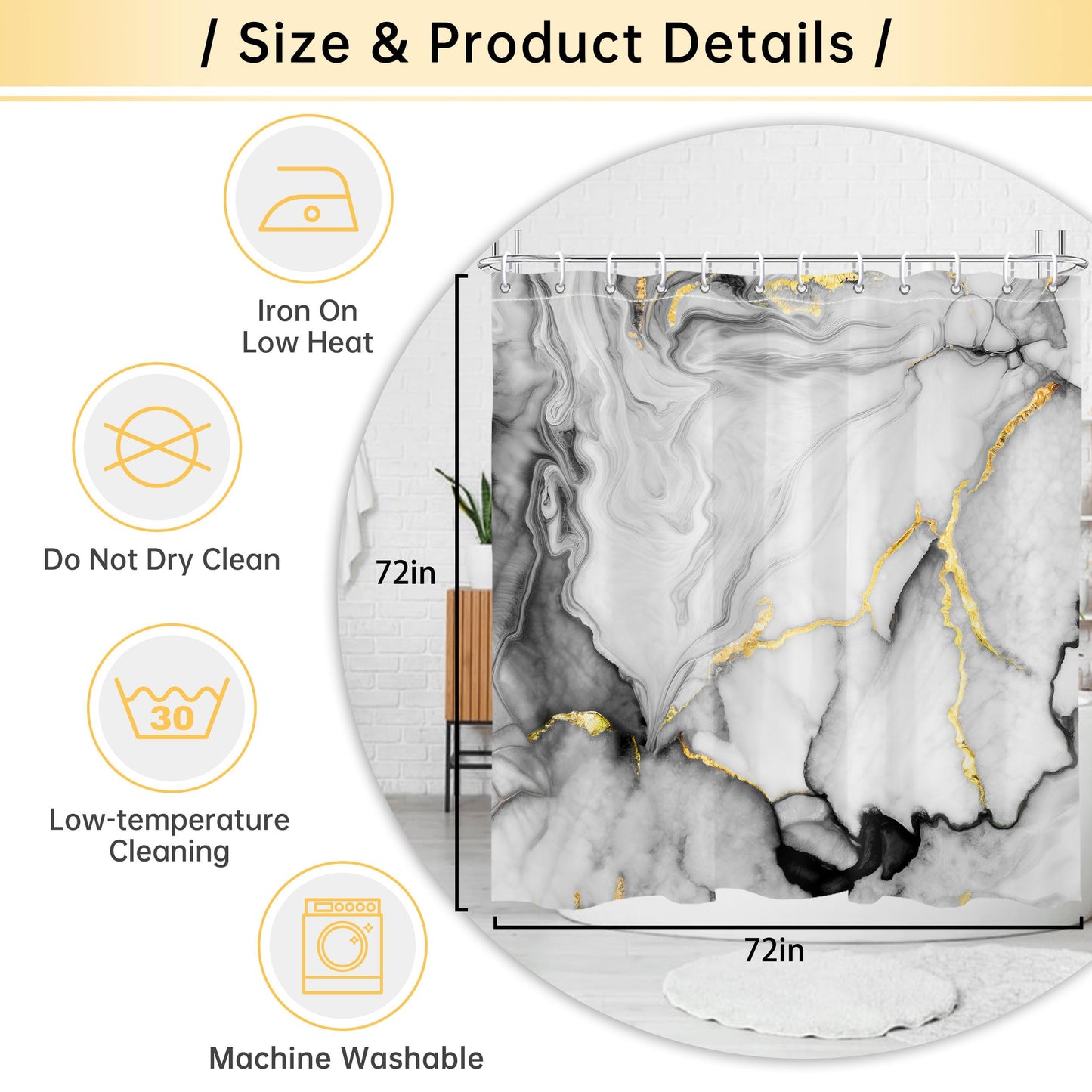 Mayormyth Shower Curtain Black Marble Modern Abstract Shower Curtains for Bathroom Decor Luxury Ink Texture Shower Curtain Set with Hooks Polyester Waterproof Cloth Fabric with Hooks